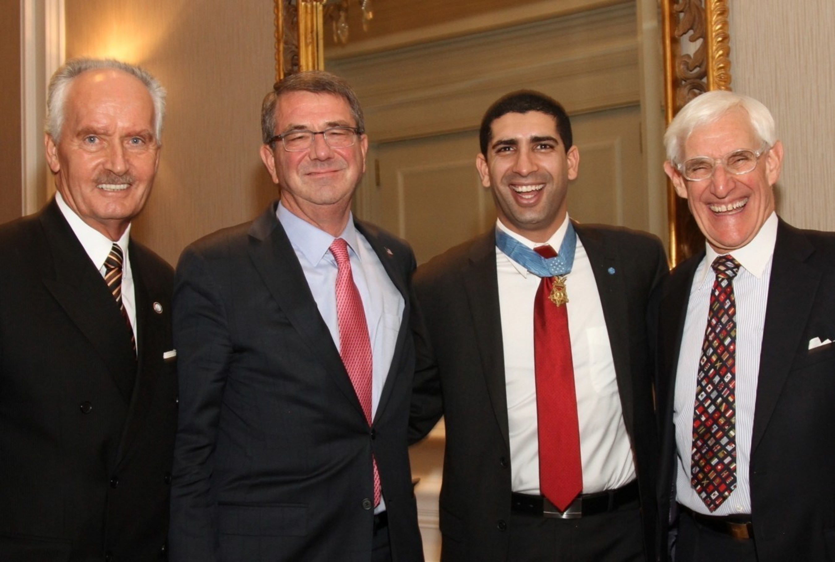 Tony Culley-Foster, President & CEO of the World Affairs Council-DC; The Hon. Ash Carter, US Secretary of Defense; Capt. Florent Groberg, Medal of Honor Recipient; and Patrick Gross, Founding Chairman of the World Affairs Council-DC. *Credit: Focused Images*