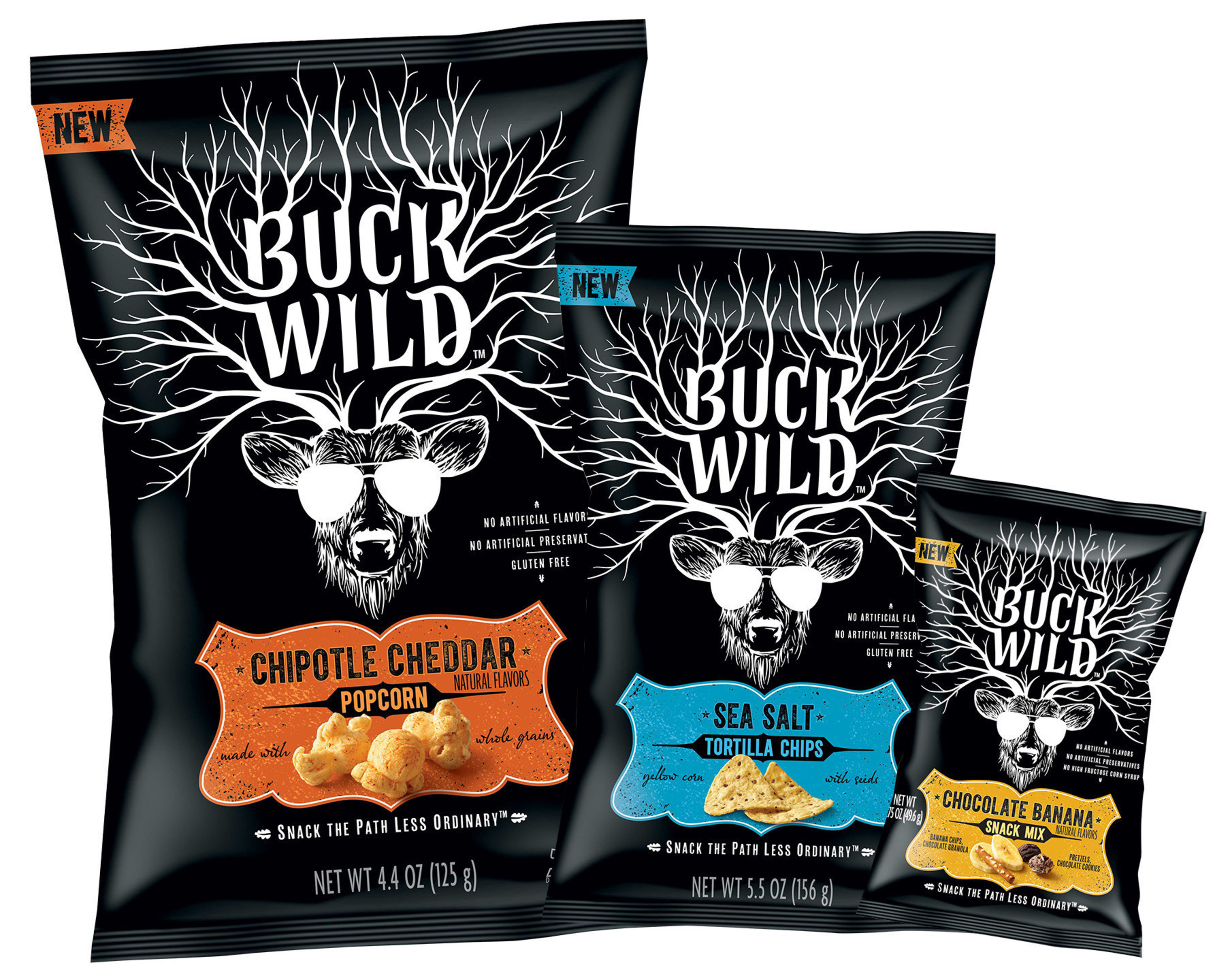 The new Buck Wild snack line includes Popcorn, Tortilla Chips and Snack Mixes made with real ingredients in a variety of complex and bold flavors.