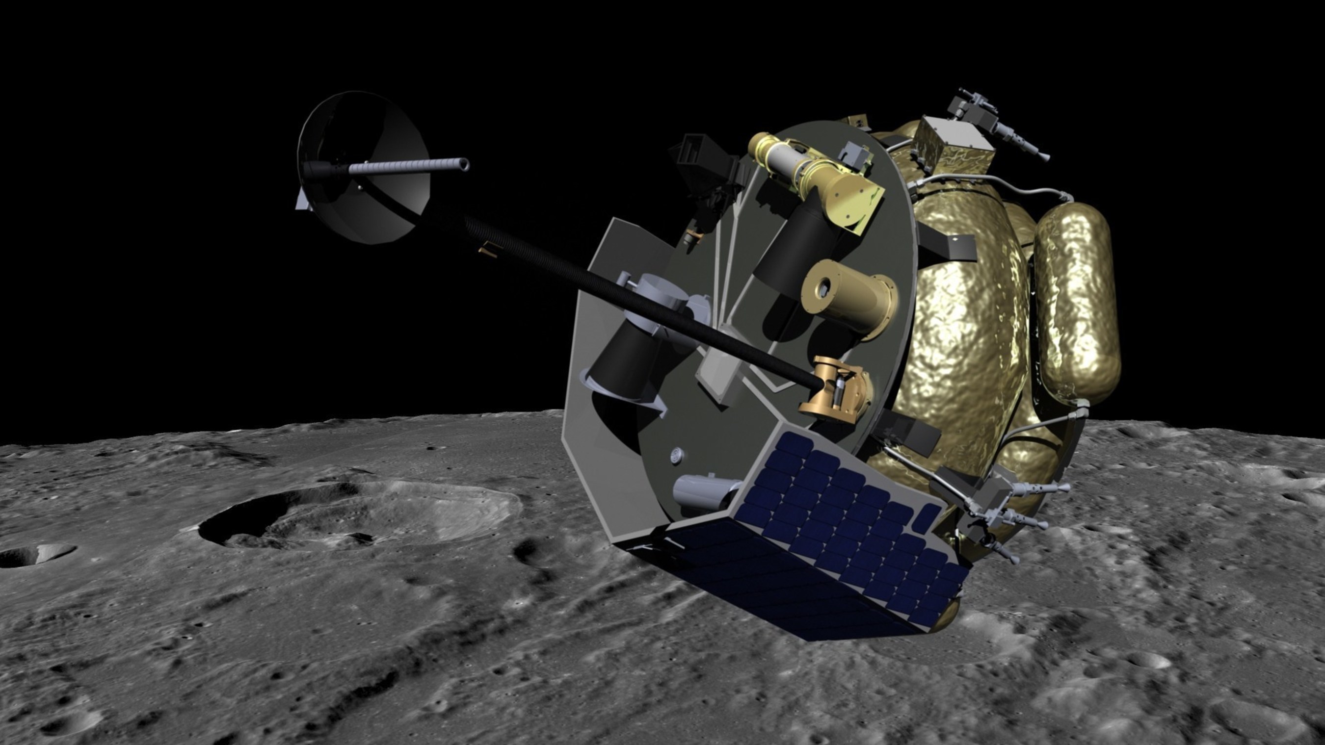 Moon Express MX-1 spacecraft orbits the Moon in preparation for landing. MX-1 will deliver commercial, academic and government instruments to explore the Moon for science and resources.