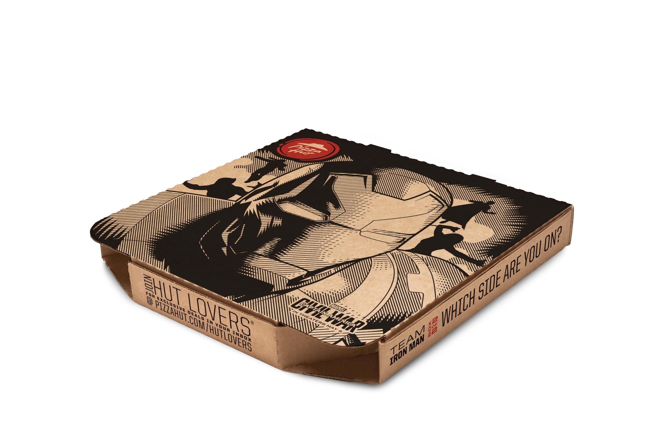 As part of its new partnership with Marvel's "Captain America: Civil War" Pizza Hut reveals set of Captain America & Iron Man pizza boxes, all-new Stuffed Garlic Knots $5 Flavor Menu item, and first-ever post-online ordering entertainment platform at www.PizzaHut.com/CaptainAmerica.