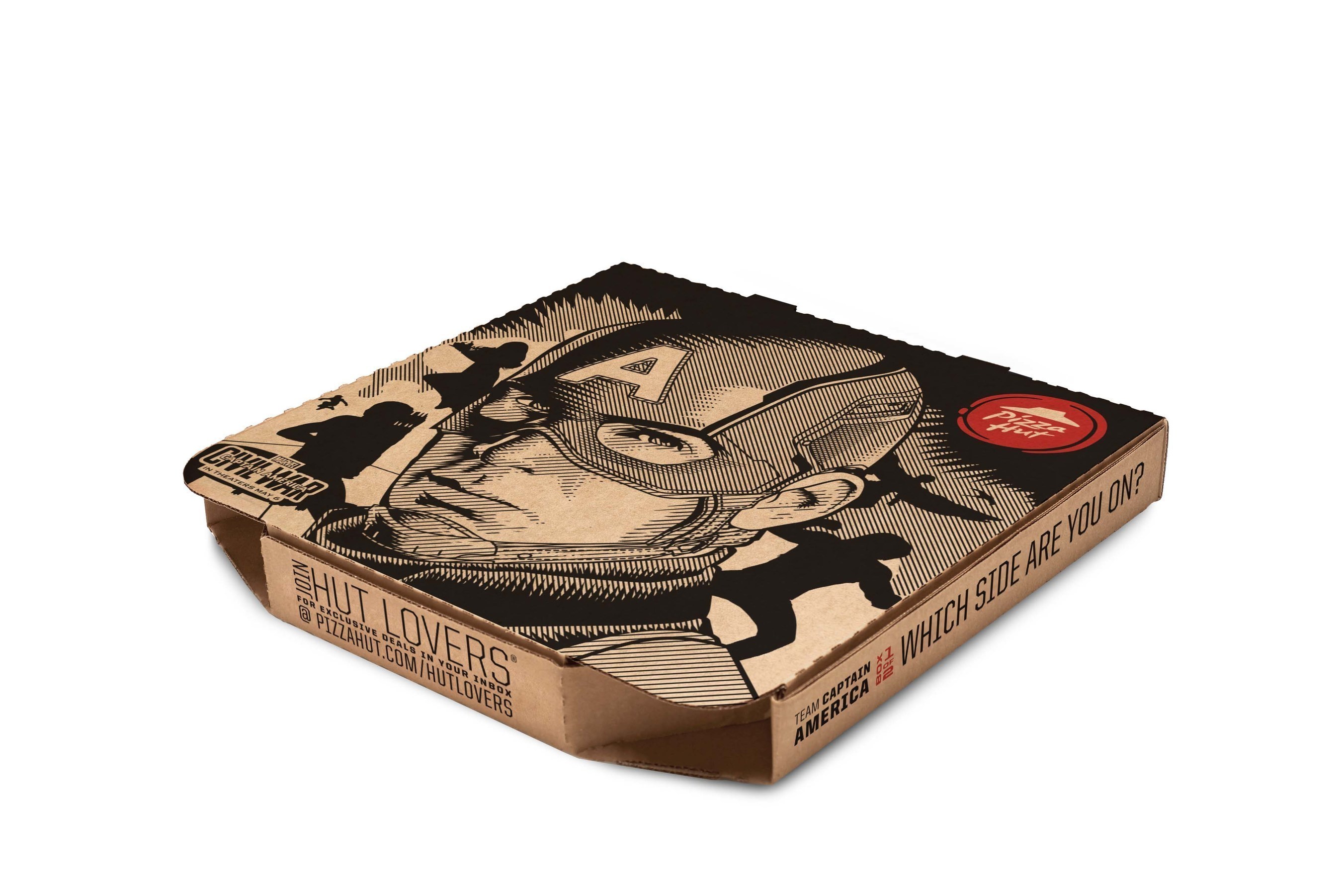 As part of its new partnership with Marvel's "Captain America: Civil War" Pizza Hut reveals set of Captain America & Iron Man pizza boxes, all-new Stuffed Garlic Knots $5 Flavor Menu item, and first-ever post-online ordering entertainment platform at www.PizzaHut.com/CaptainAmerica.