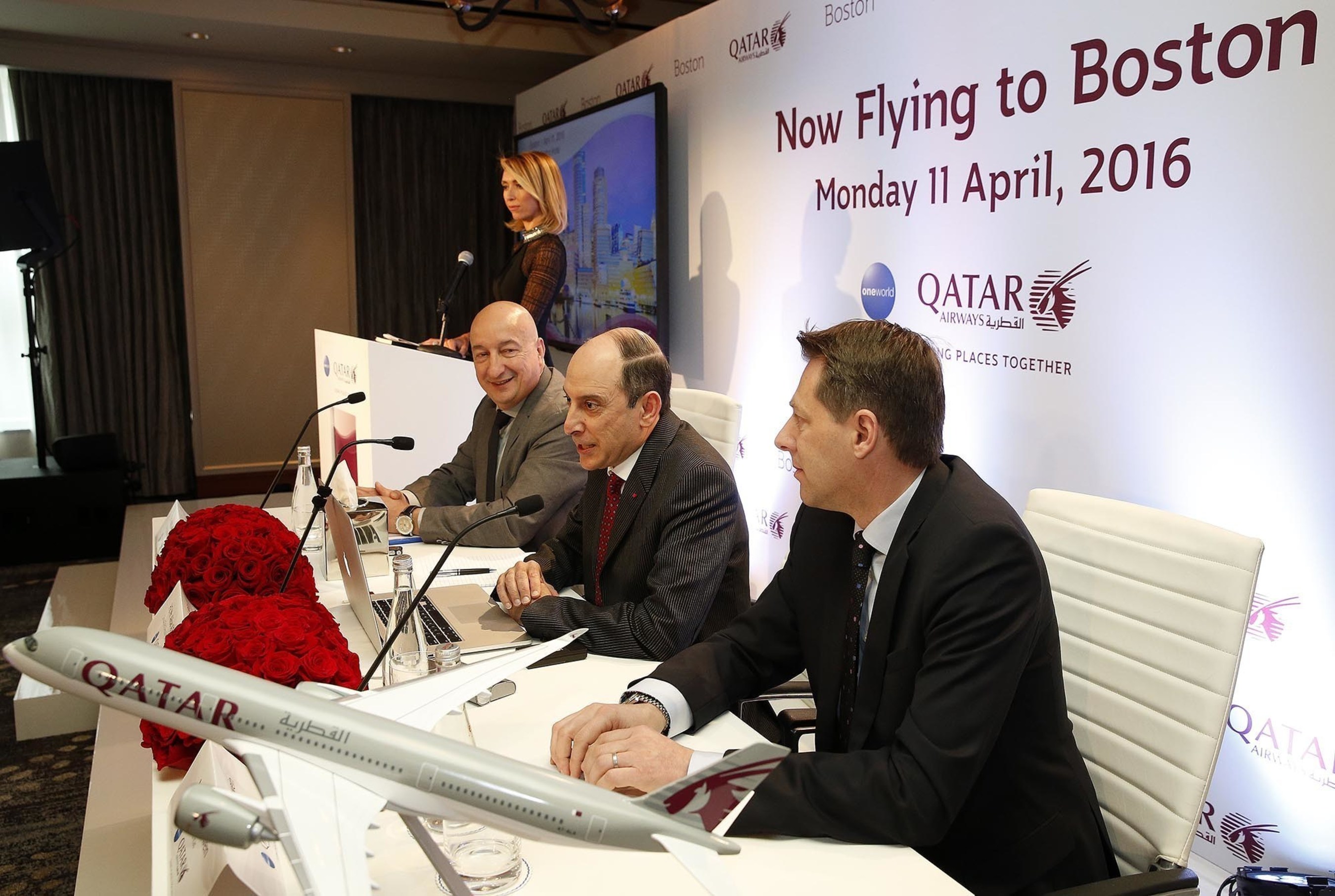 Giuliana Rancic emcees Qatar Airways' press conference in Boston where the airline's Group Chief Executive H.E. Mr. Akbar Al Baker (centre) presents on the airline's latest developments. With him are the airline Chief Commercial Officer, Dr. Hugh Dunleavy (left) and Vice President The Americas, Mr. Gunter Saurwein