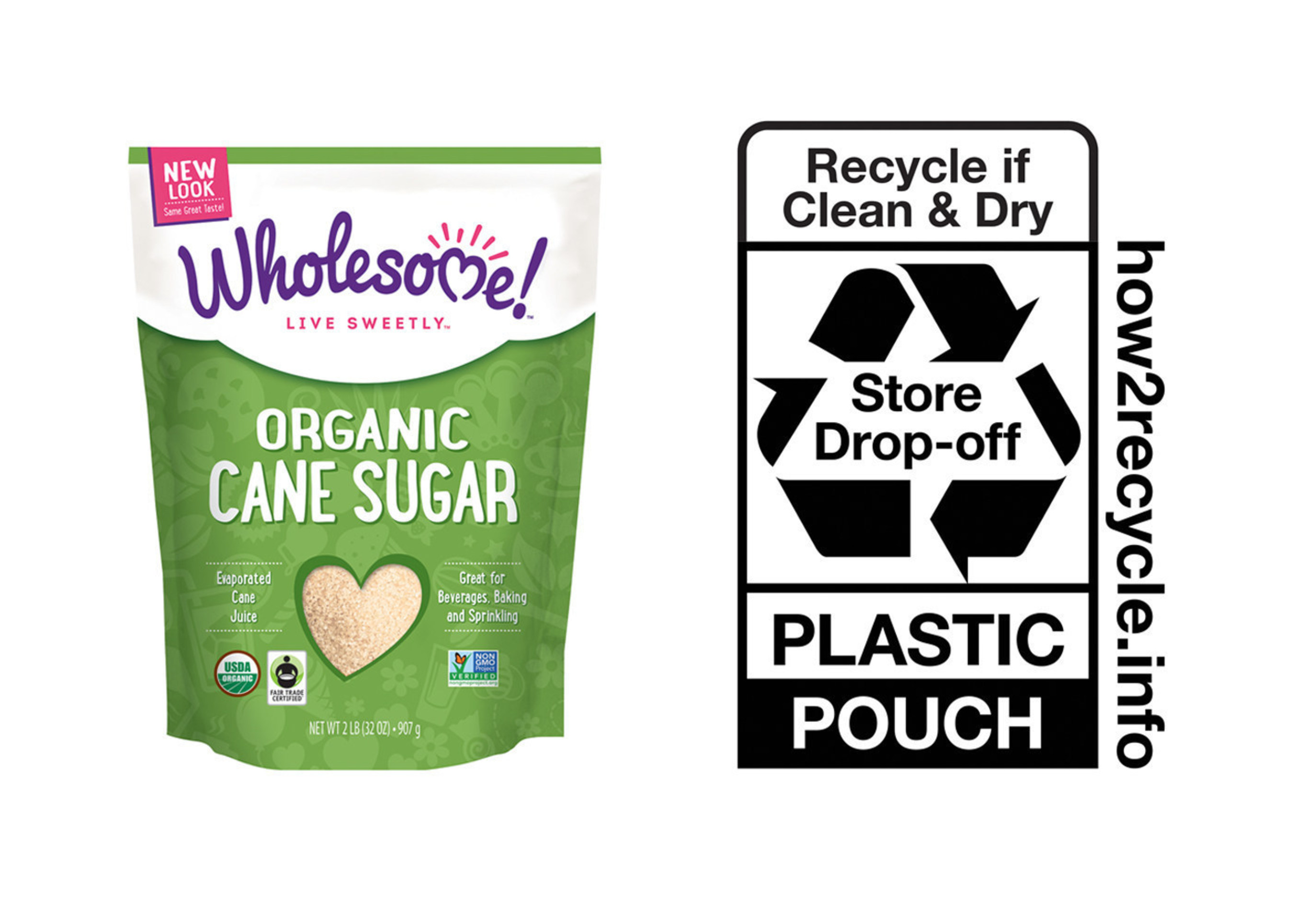 Wholesome! will be the first organic sweetener brand to join How2Recycle in promoting recycling education. How2Recycle has created a universal recycling language for consumers through the use of special on-package logos that provide clear instructions for each piece of recyclable packaging. Wholesome! will first integrate these logos onto its organic granulated sugar pouches and then transition its remaining U.S. products to a package with the How2Recycle logo over the next year. The recyclable stand-up pouches will carry the "store drop off" logo instructing consumers to drop their empty pouches in the plastic bag recycling bins found at most grocery stores.
