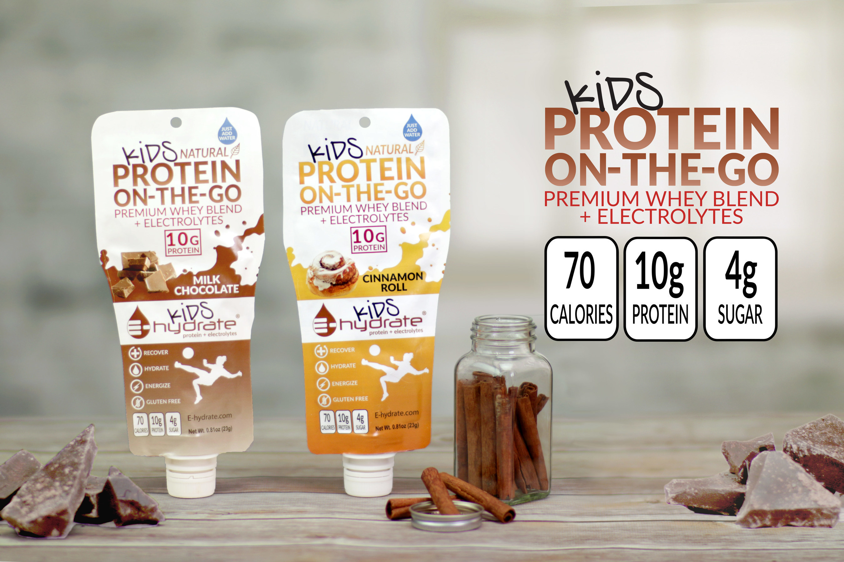 E-hydrate KIDS Protein On-the-Go is the first natural, premium protein drink mix with electrolytes made specifically for kids.