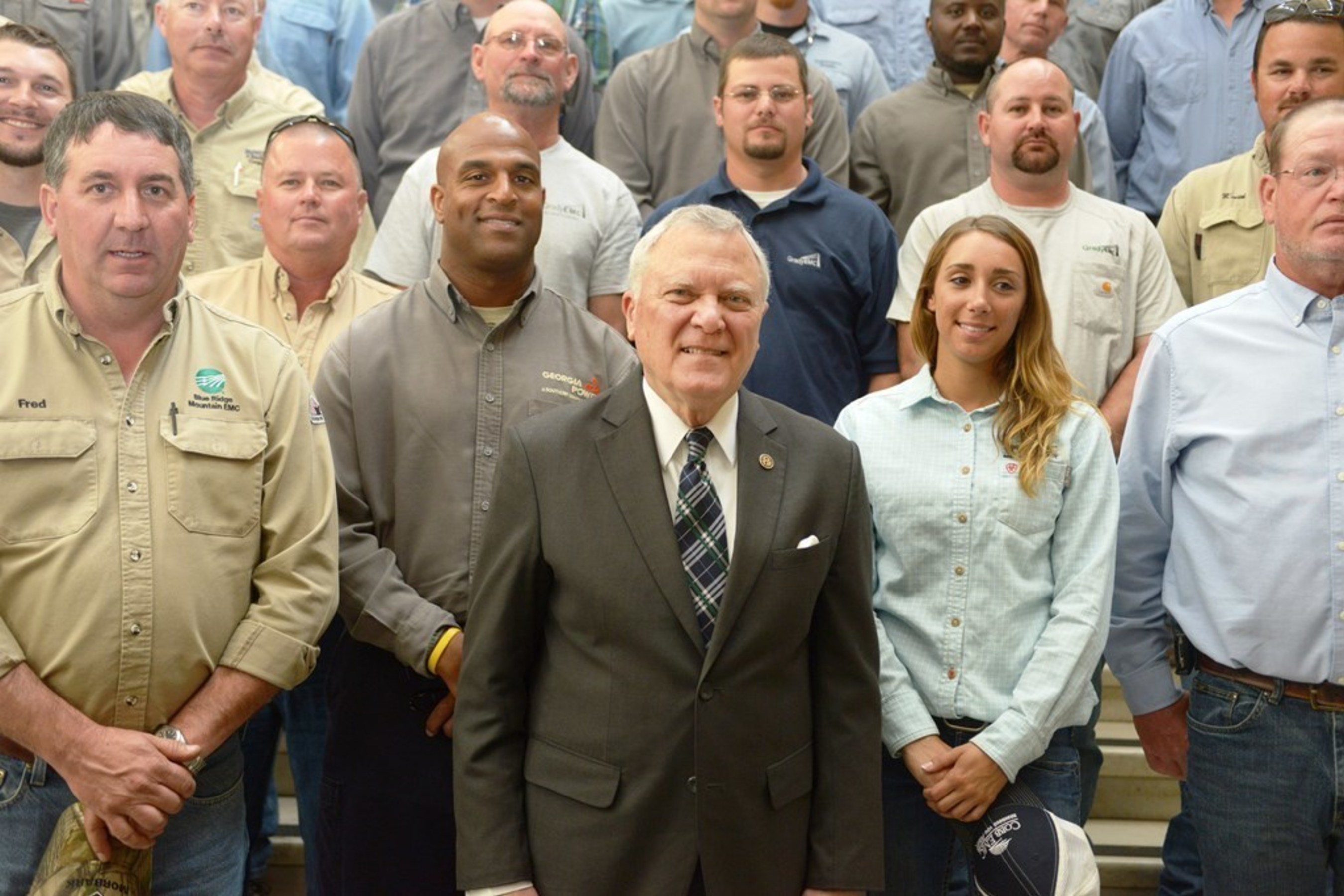 Governor Nathan Deal with dozens of the state's linemen at the Georgia Capitol on Tuesday, April 19.