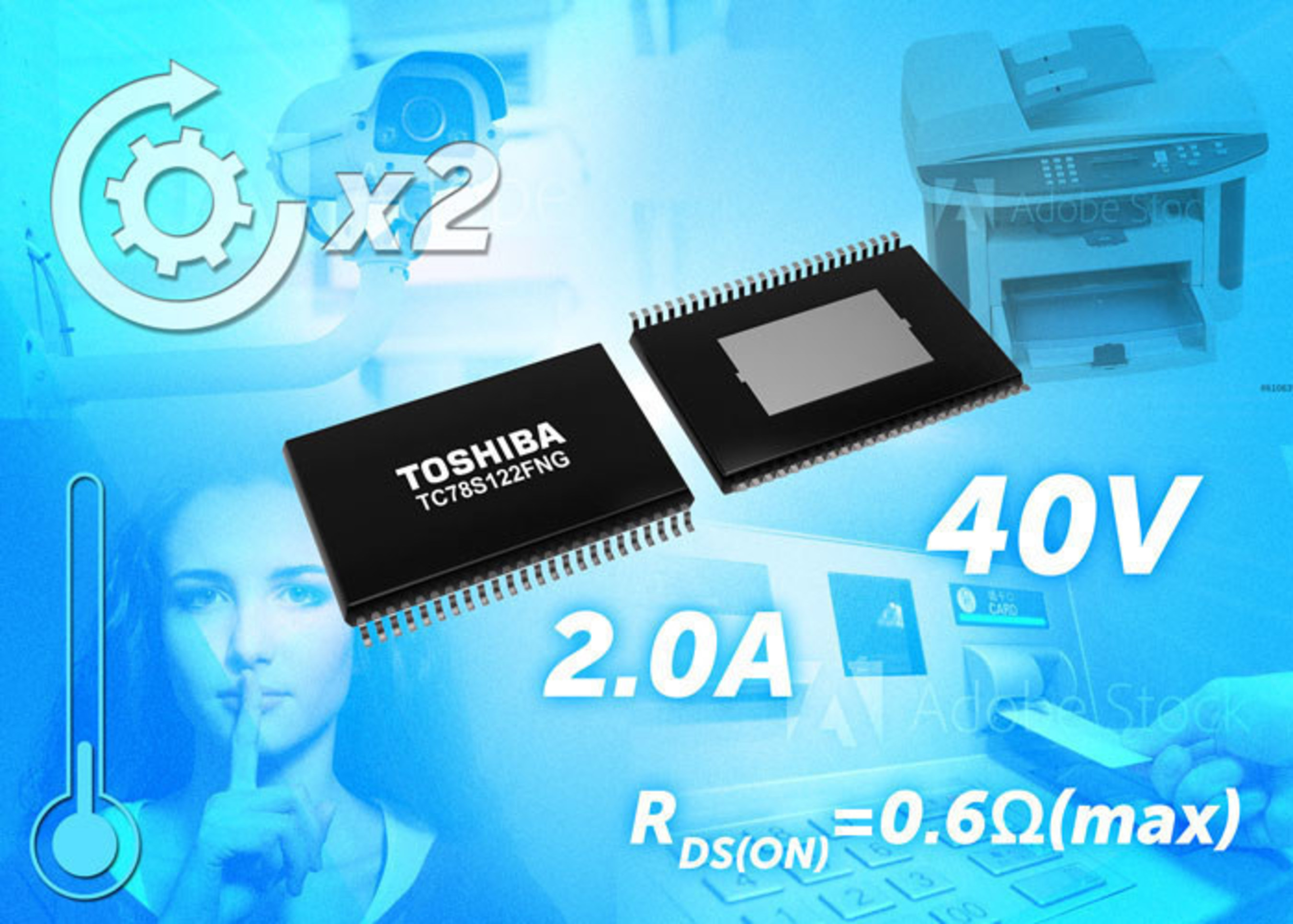 Toshiba's new TC78S122FNG multi-configurable bipolar stepping motor driver operates at 40V/2.0A maximum.