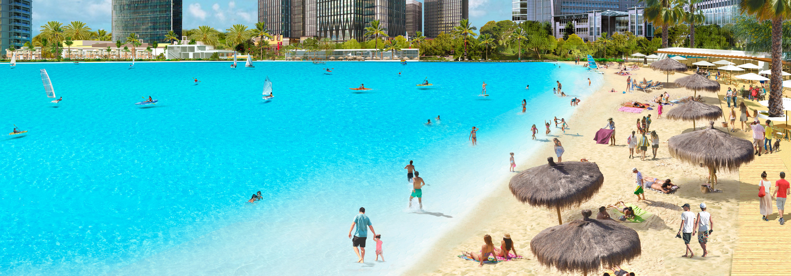 "Crystal Lagoons Concept - Idyllic Beach Life & Water Sports" - Please note rendering is not specific to the  Wynn lagoon but rather a general Crystal Lagoons concept featuring idyllic beach life and water sports. Courtesy: Crystal Lagoons