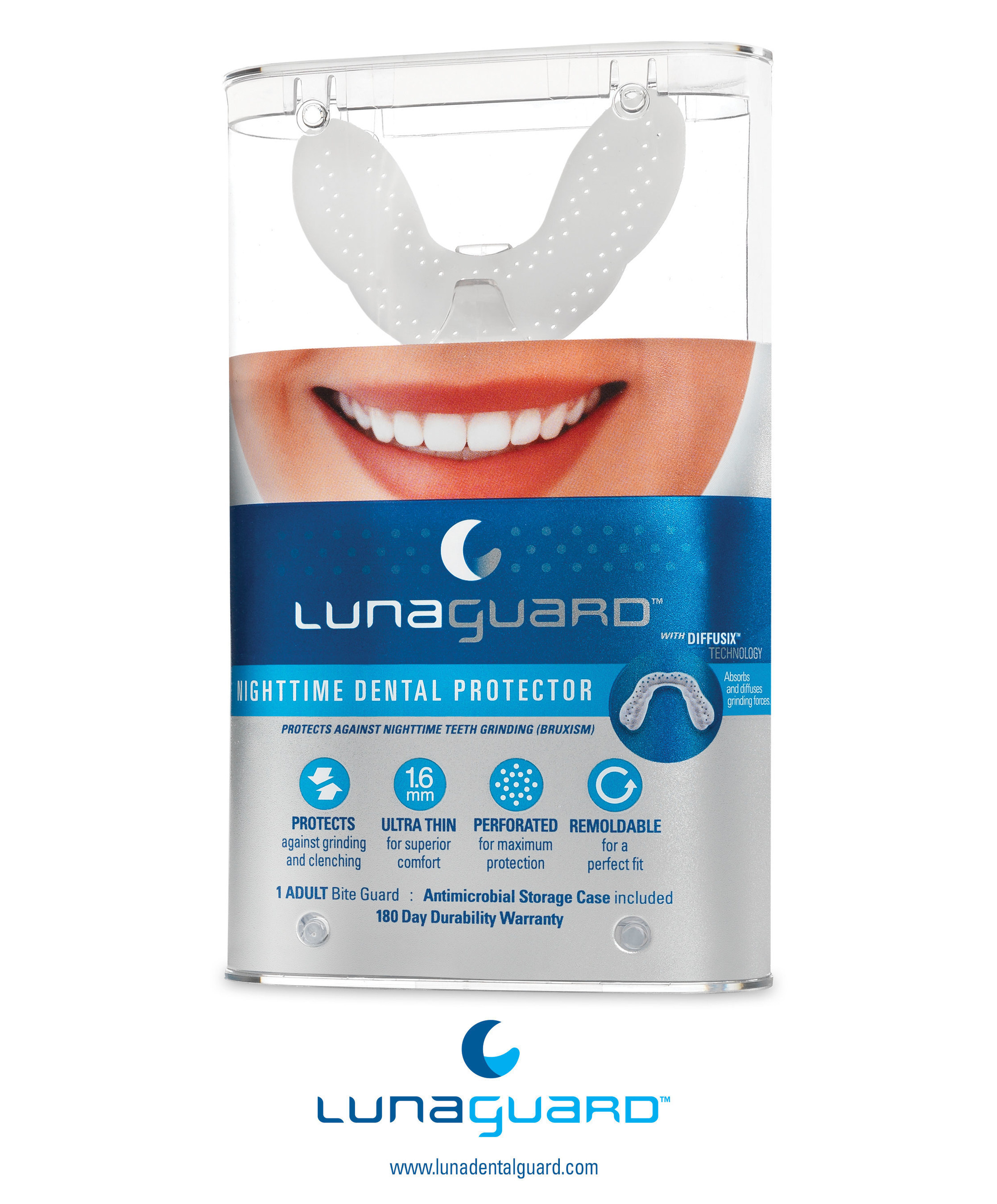 The LunaGuard(TM) Nighttime Dental Protector is a bite guard that provides better protection than conventional nighttime bite guards due to its unique design and materials. It is made of a strong thermoplastic that prevents the user from biting through the guard. Engineering tests show the LunaGuard(TM) provides up to 30% better protection than conventional nighttime bite guards. This is significant since the LunaGuard(TM) is only 1.6 mm thick. Additionally, tests show that the LunaGuard(TM) offers 90% more force absorption and is 8x tougher than other available bite guards.