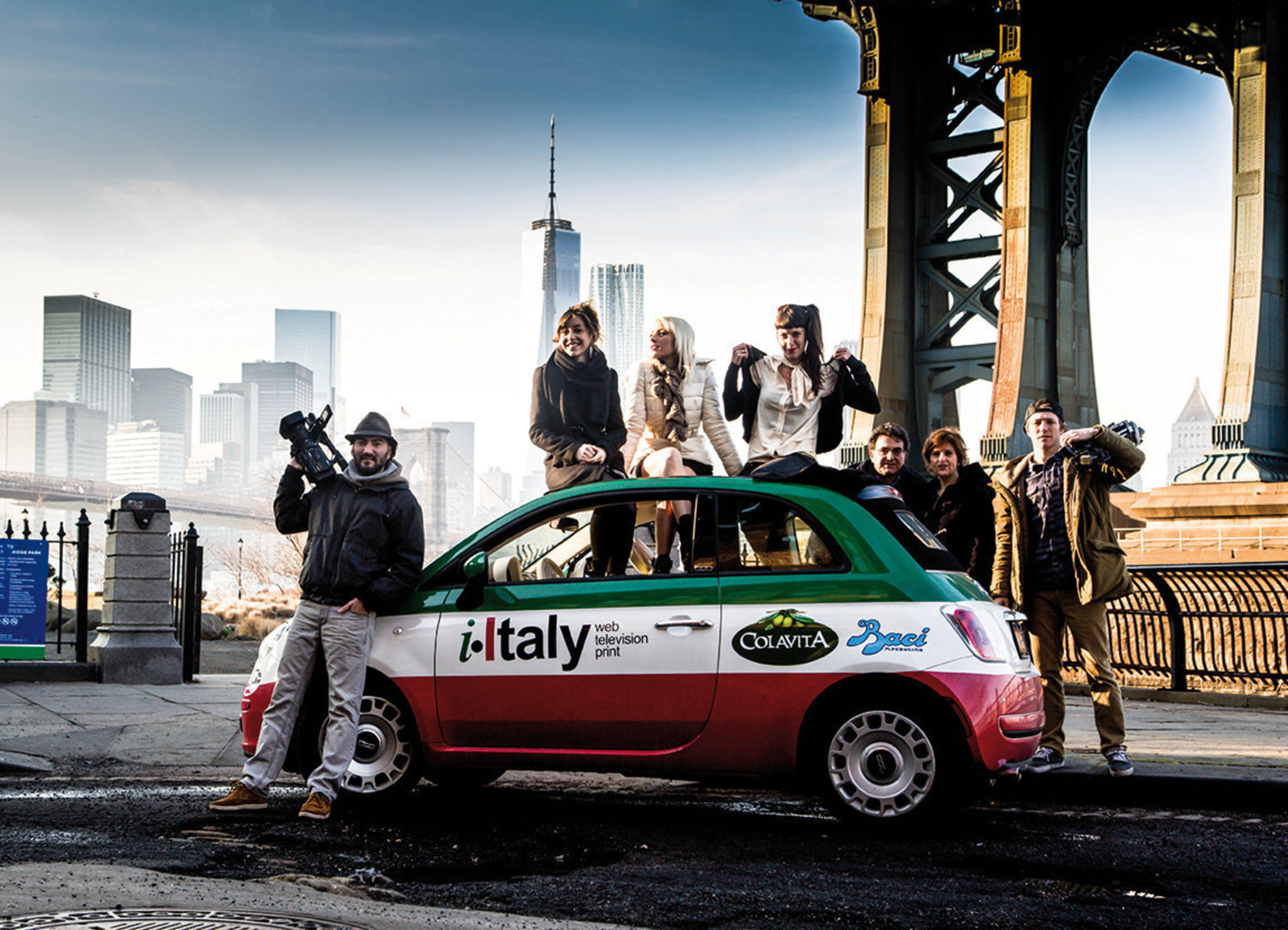 The i-Italy team with their tricolored Fiat 500 in Brooklyn, NYC