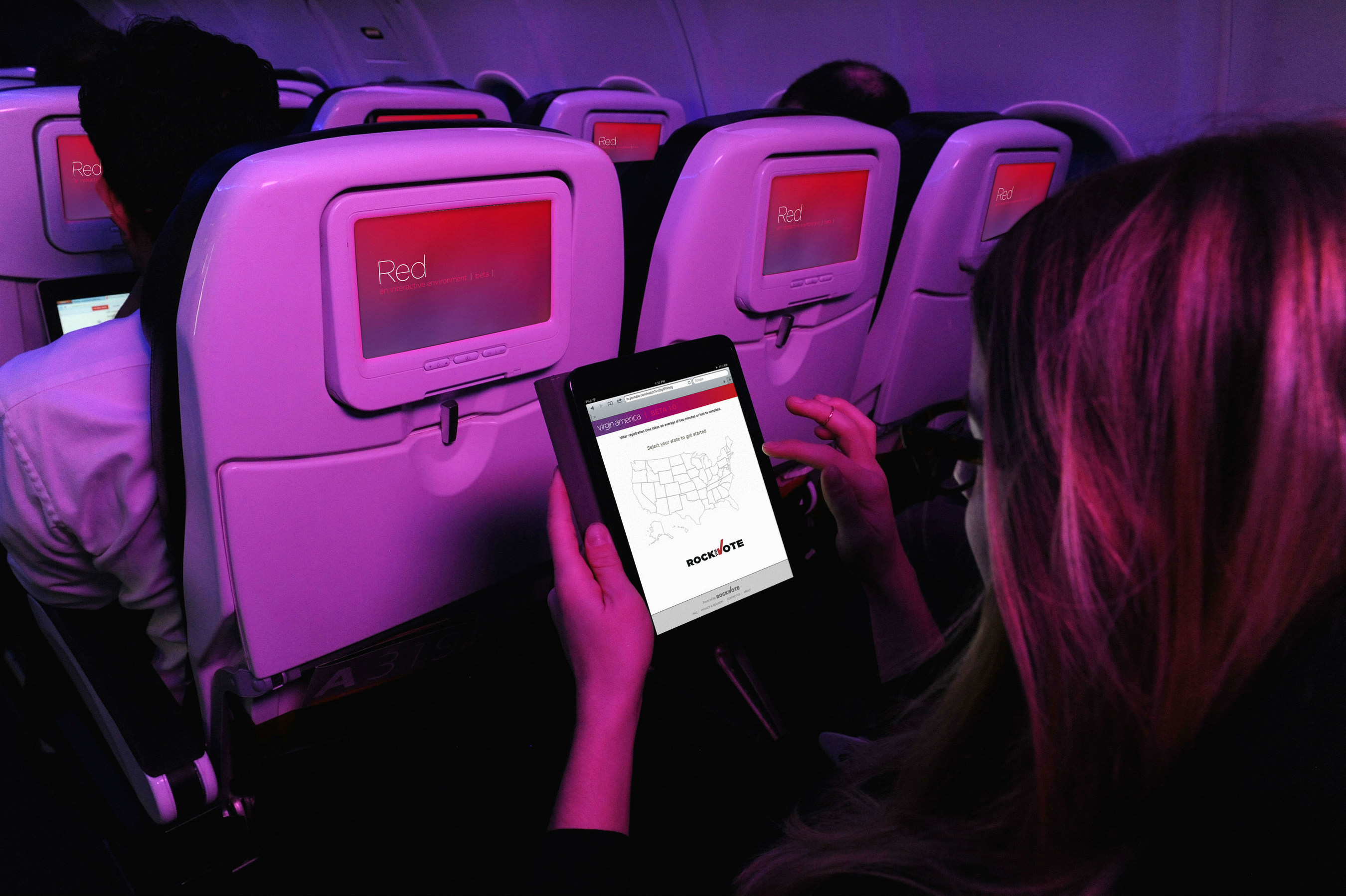 Virgin America is the official airline of Rock the Vote with flyers invited to register to vote at 35,000 feet