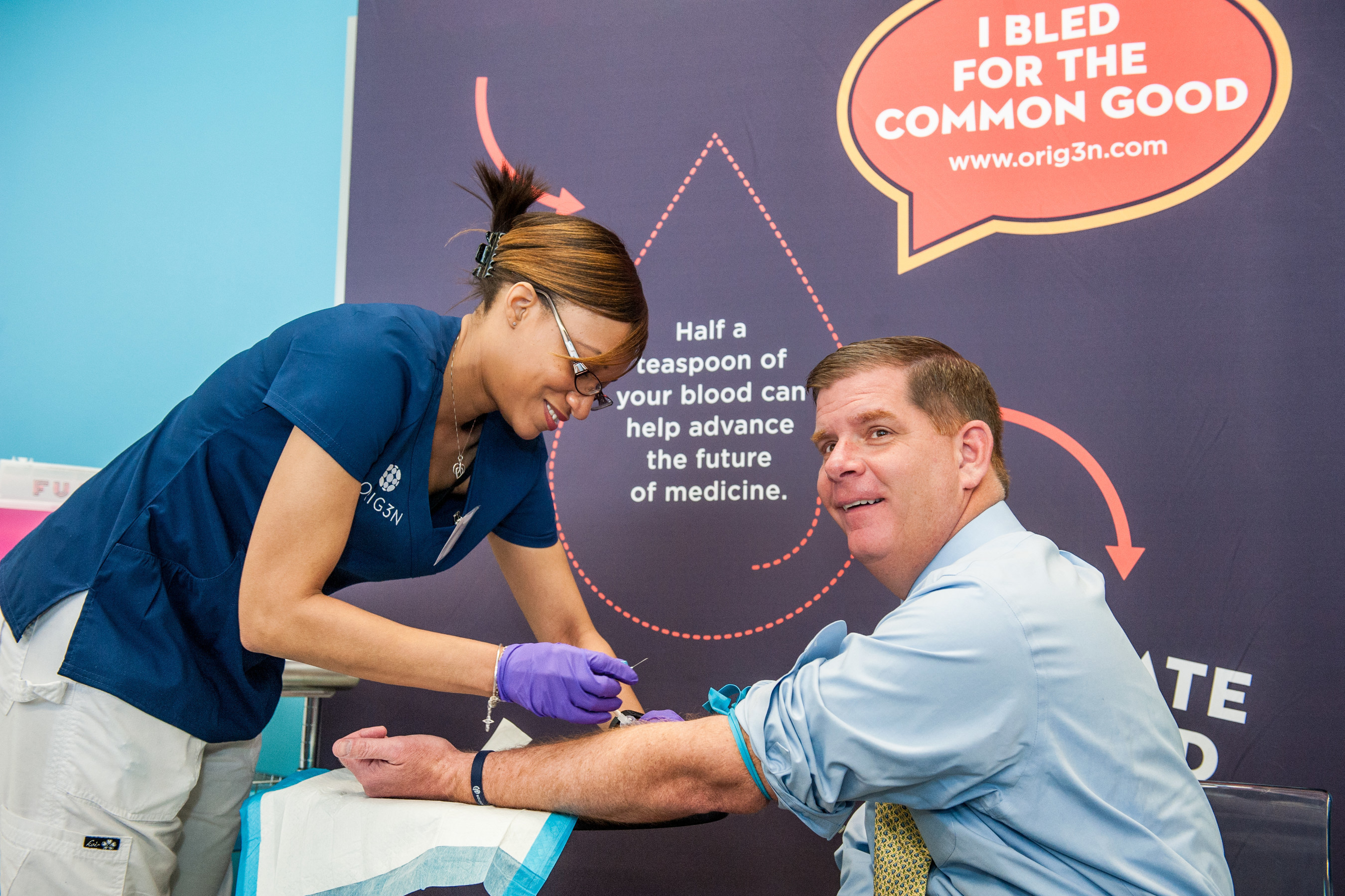 Mayor Martin J. Walsh donated a blood sample for Boston-based ORIG3N, which is building the world's largest crowdsourced biorepository of induced pluripotent stem cells, called LIfeCapsule. A half teaspoon of donated blood can be grown into different cell types, including neurons, heart cells and liver cells.