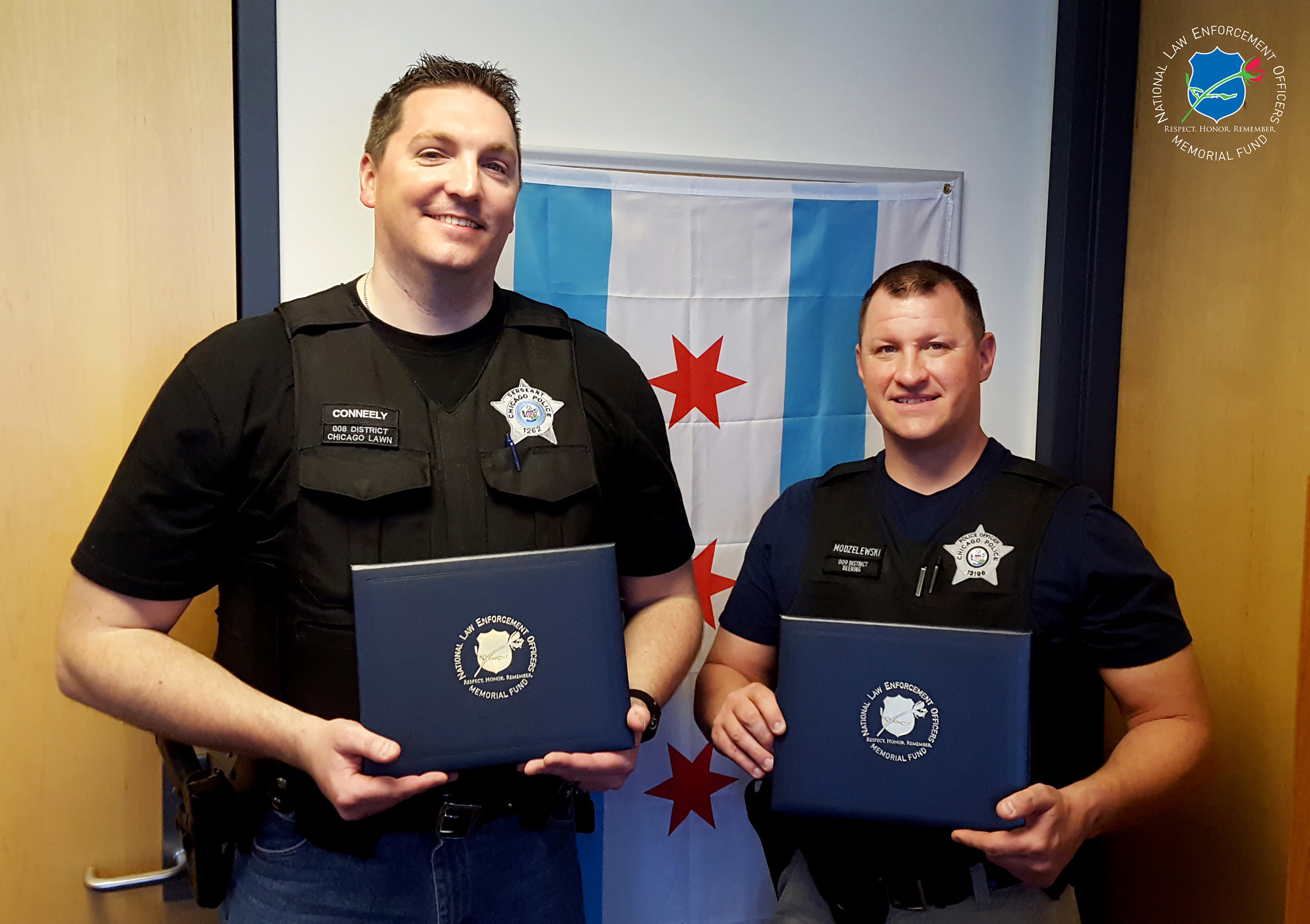 The National Law Enforcement Officers Memorial Fund has selected Sergeant John Conneely and Officer Michael Modzelewski of the Chicago (IL) Police Department, as the recipients of its Officer of the Month Award for April 2016.