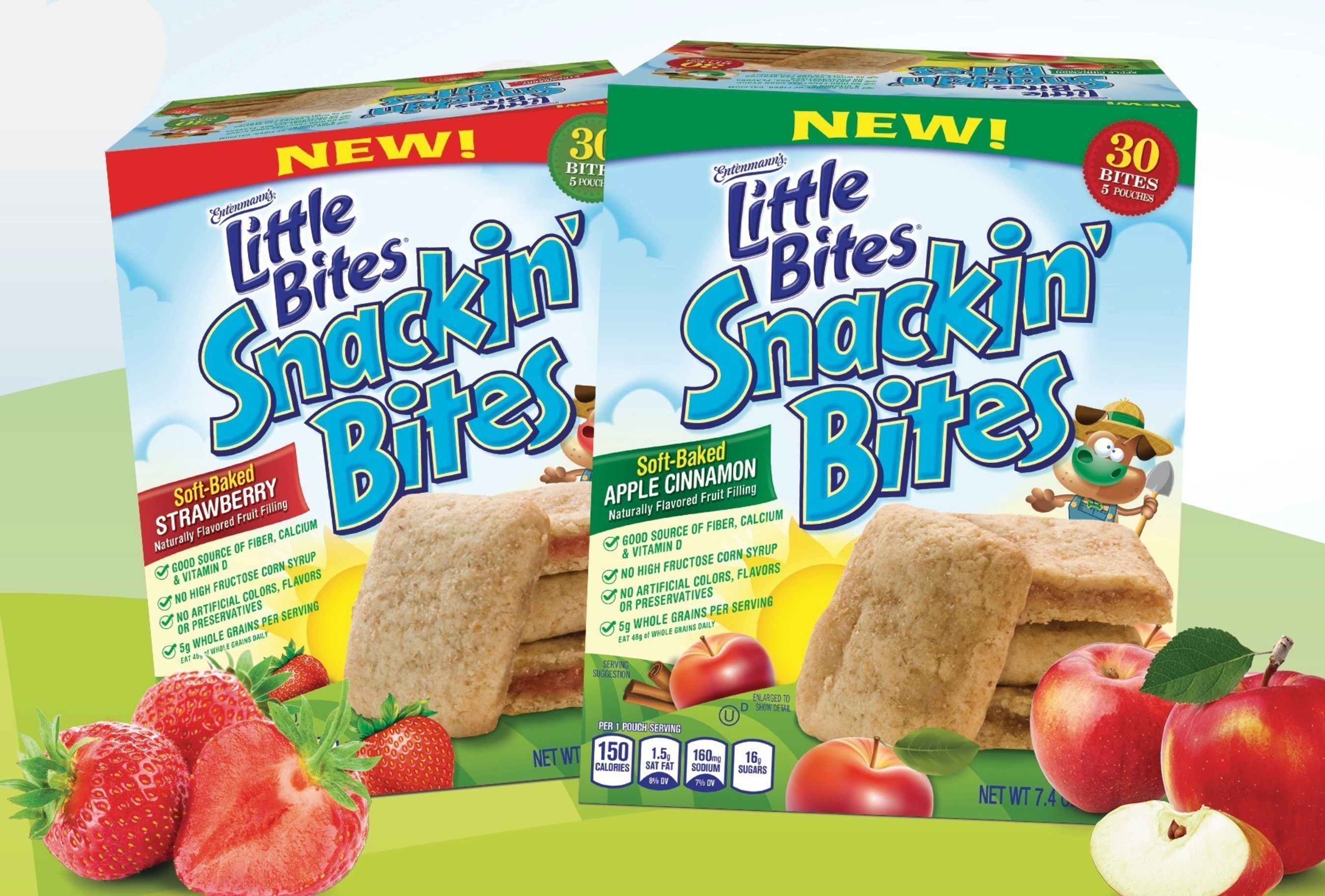 Introducing Little Bites(R) Snackin' Bites Bites Apple Cinnamon and Strawberry flavors, portable pre-packaged mini bars for families' on-the-go-needs.