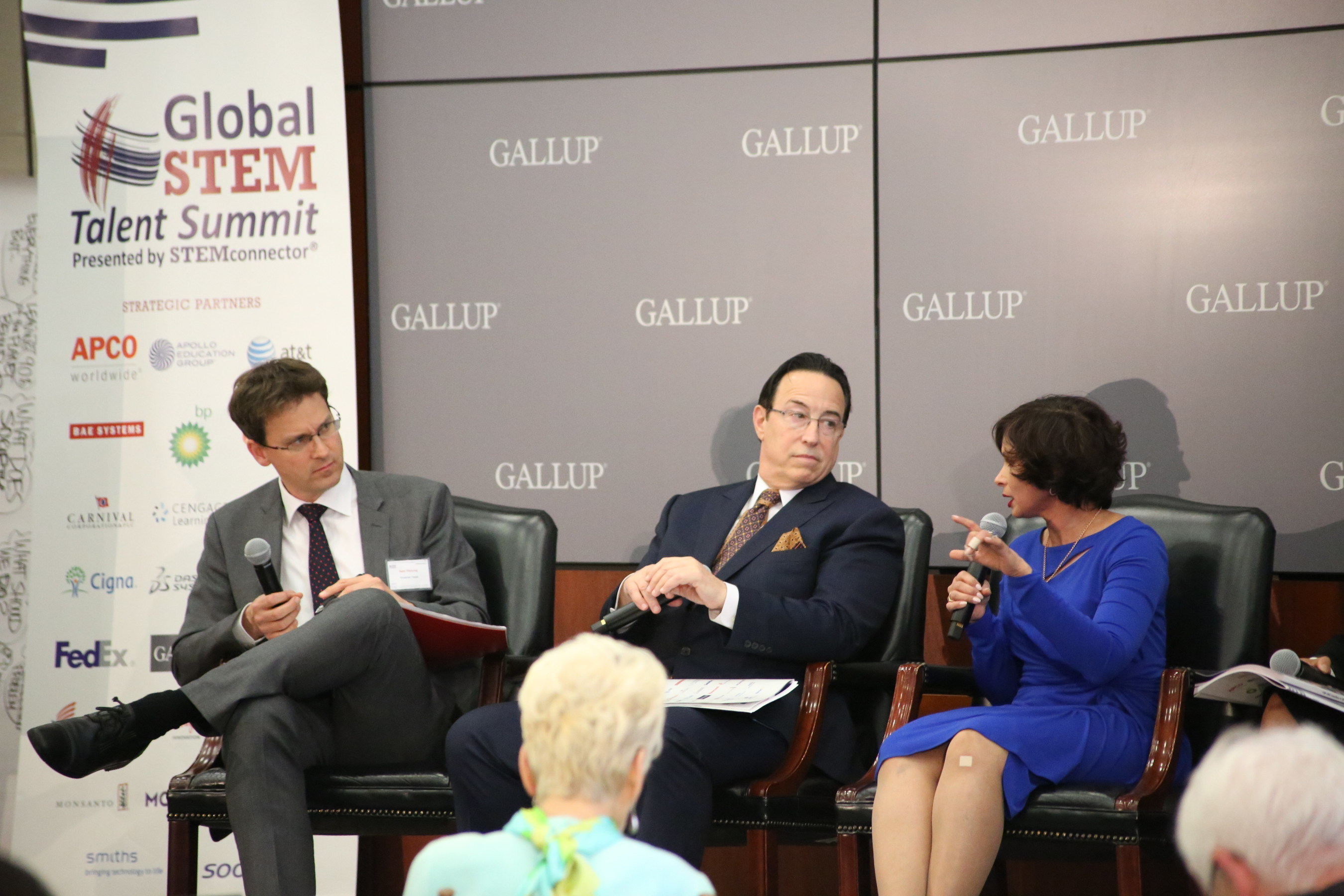 Financial Times Economics Editor, Sam Fleming (l) discusses challenges to developing skilled talent with CEO of Healthcare, Michael Norris, Sodexo North America (c) and Seema Kumar, vice president of innovation, Johnson & Johnson (r) at the 2016 Global STEM Talent Summit in Washington D.C. April 28, 2016.
