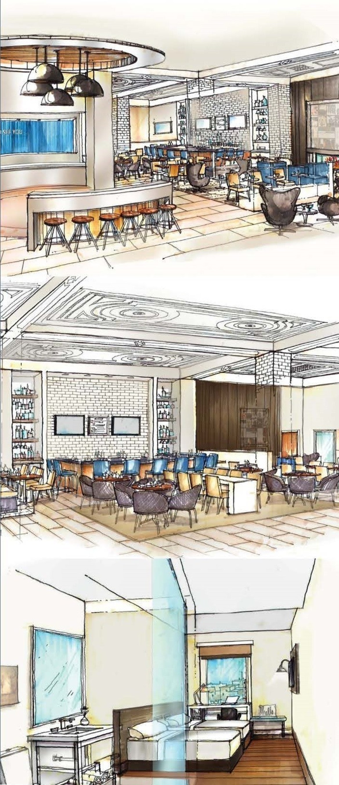 Renderings of Social Circle(TM), lobby and guest room at future Cambria hotels & suites Chicago - City Center.  (Note that all three renderings are part of one image)