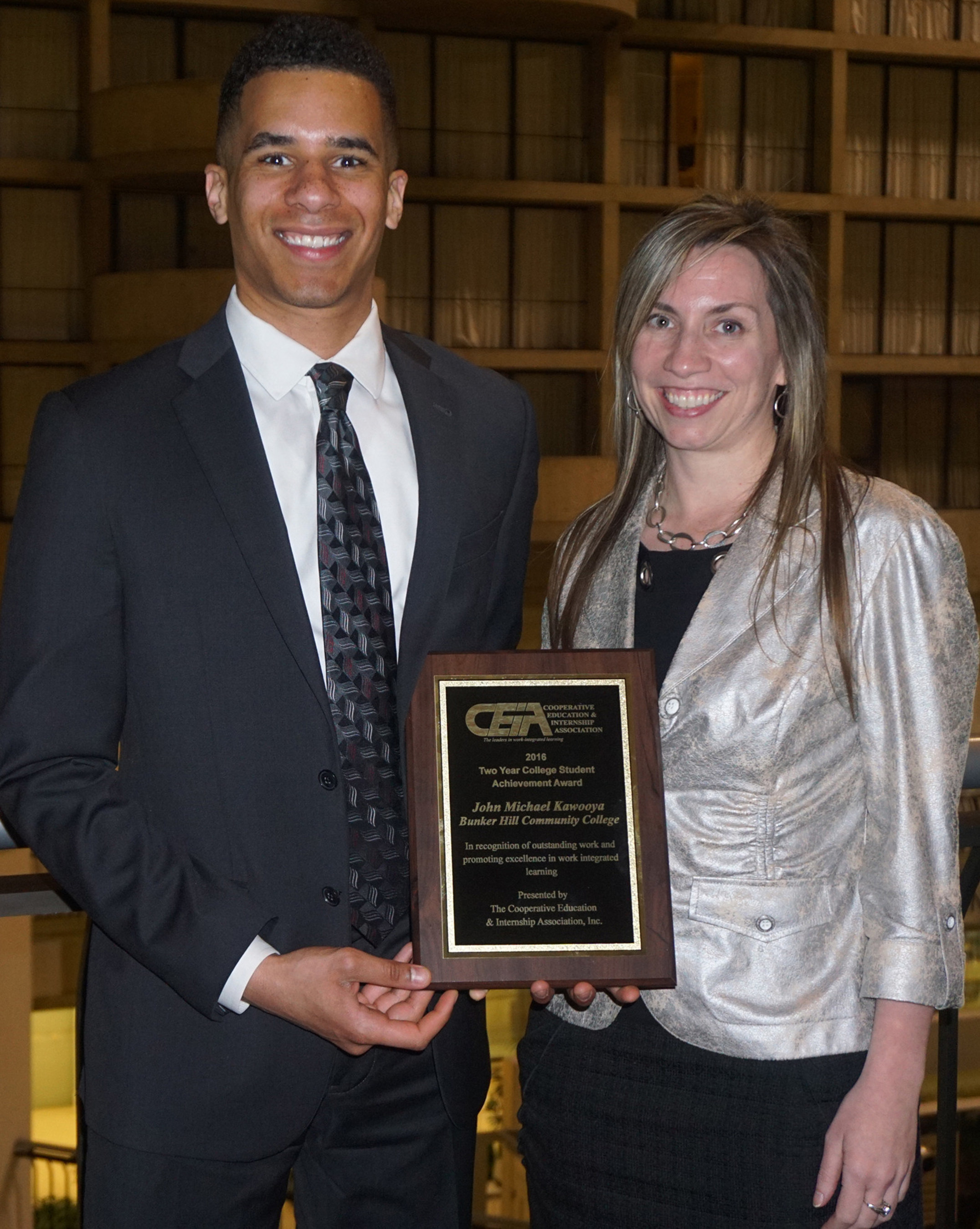 CEIA Award-winning student John Michael Kawooya with Sharon Schaff, Director of Career Advancement and Internships at Bunker Hill Community College.