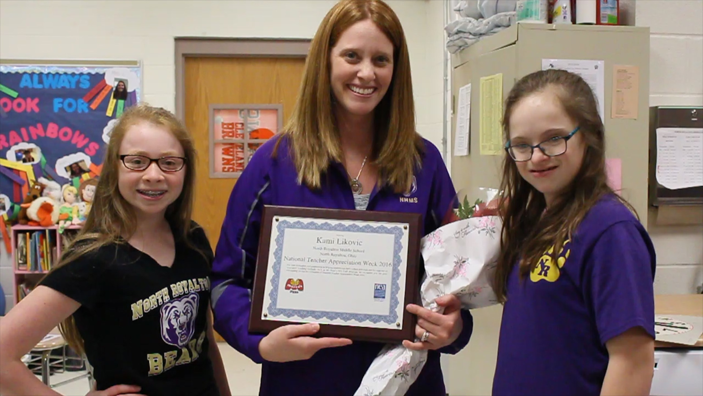 North Royalton Middle School teacher Kami Likovic, an intervention specialist for students with special needs, was surprised with a pizza party and flowers by her class.  Marco's Pizza will be distributing 250,000 free pizza certificates to schools as part of Teacher Appreciation Week.