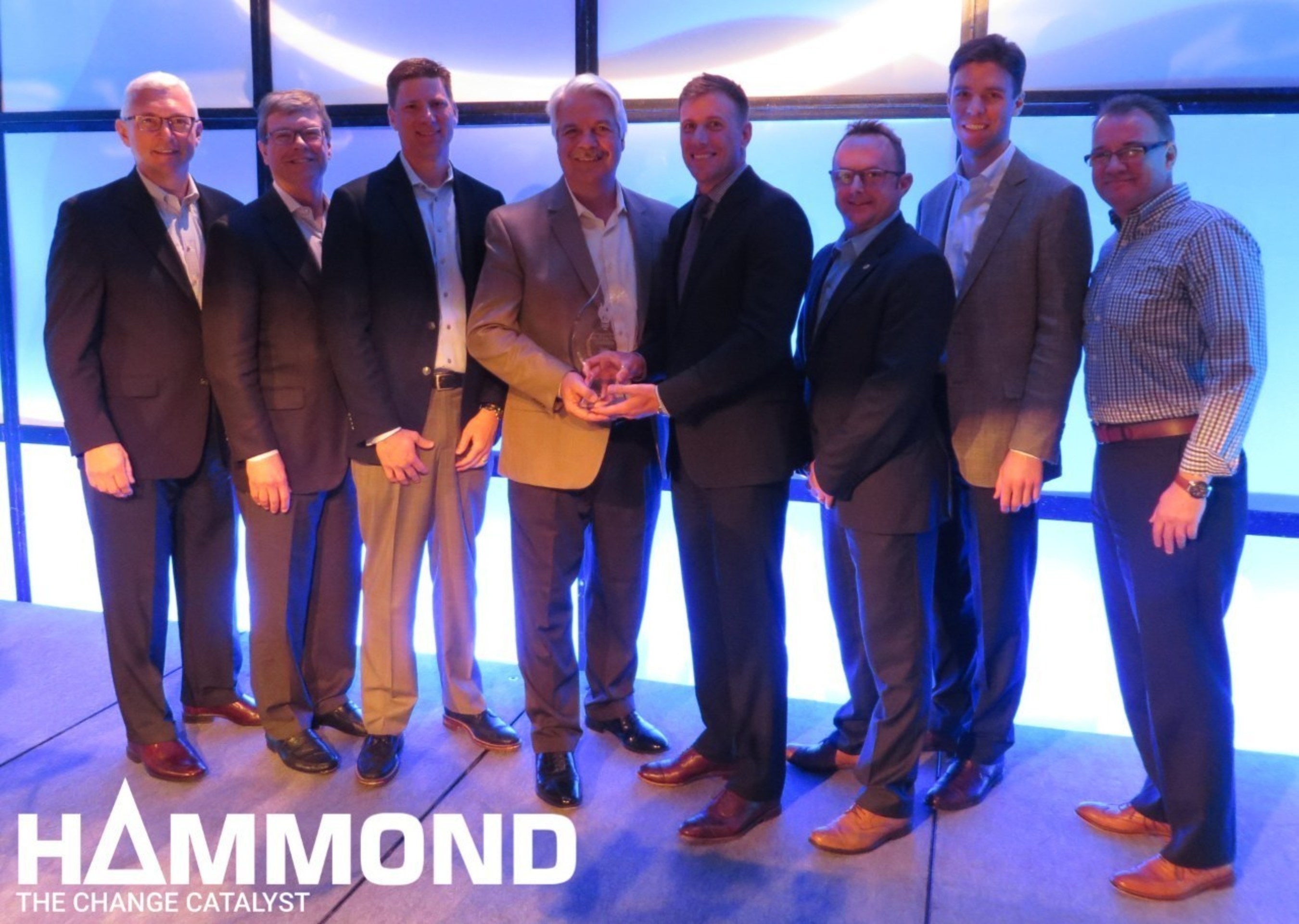 Hammond Group, Inc. receiving The Sally Breidegam Miksiewicz Innovation Award at the 2016 BCI Convention + Power Mart Expo in San Antonio, TX on May 2. Pictured from left to right; Gordon Beckley, Stephen A. Bolanowski, Eric Holtan, Terry Murphy, BCI representative, Steve Barnes, Stephen W. Bolanowski, Achim Lulsdorf