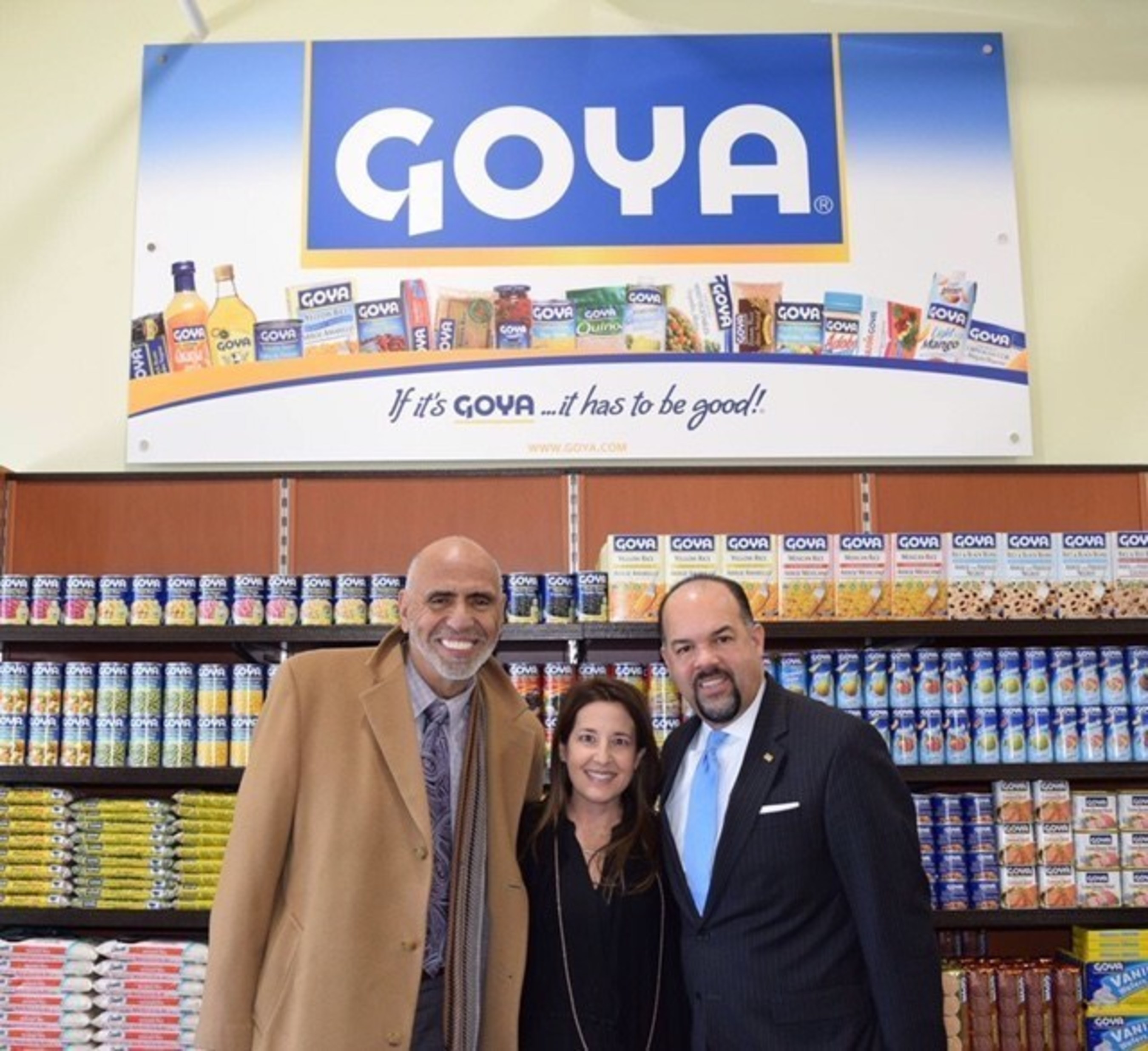 Rafael Toro, Director of Public Relations of Goya Foods; Marie Unanue; and Luis Tejada, Vice President of Goya Foods at the People's Pantry in Toms River, New Jersey