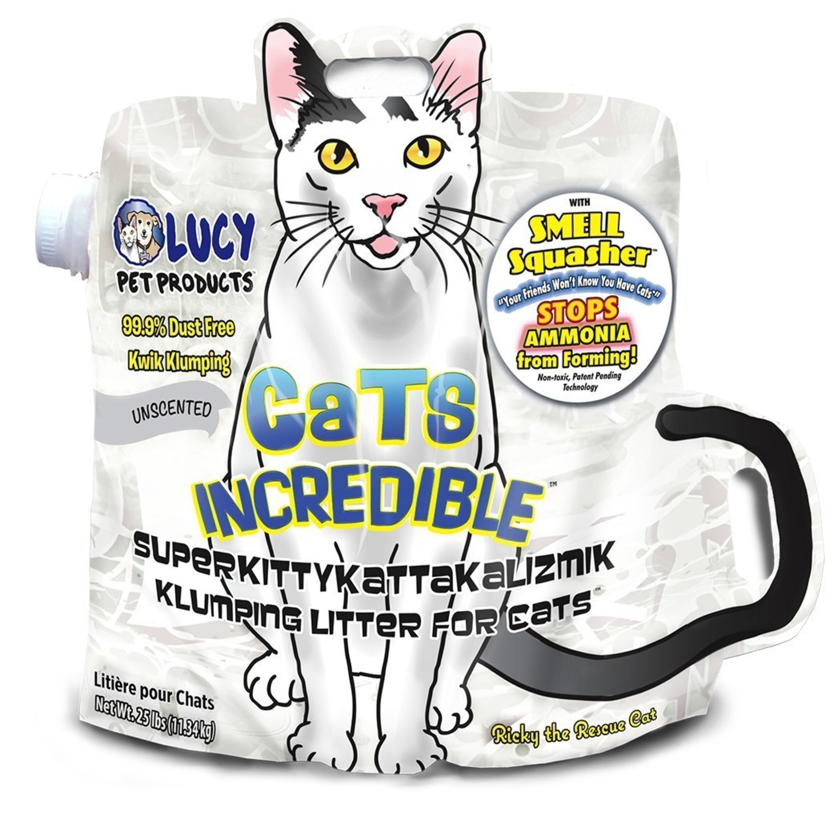 Cats Incredible litter in ergonomic, two-handled, cat shaped bag with side spout for easy pour.