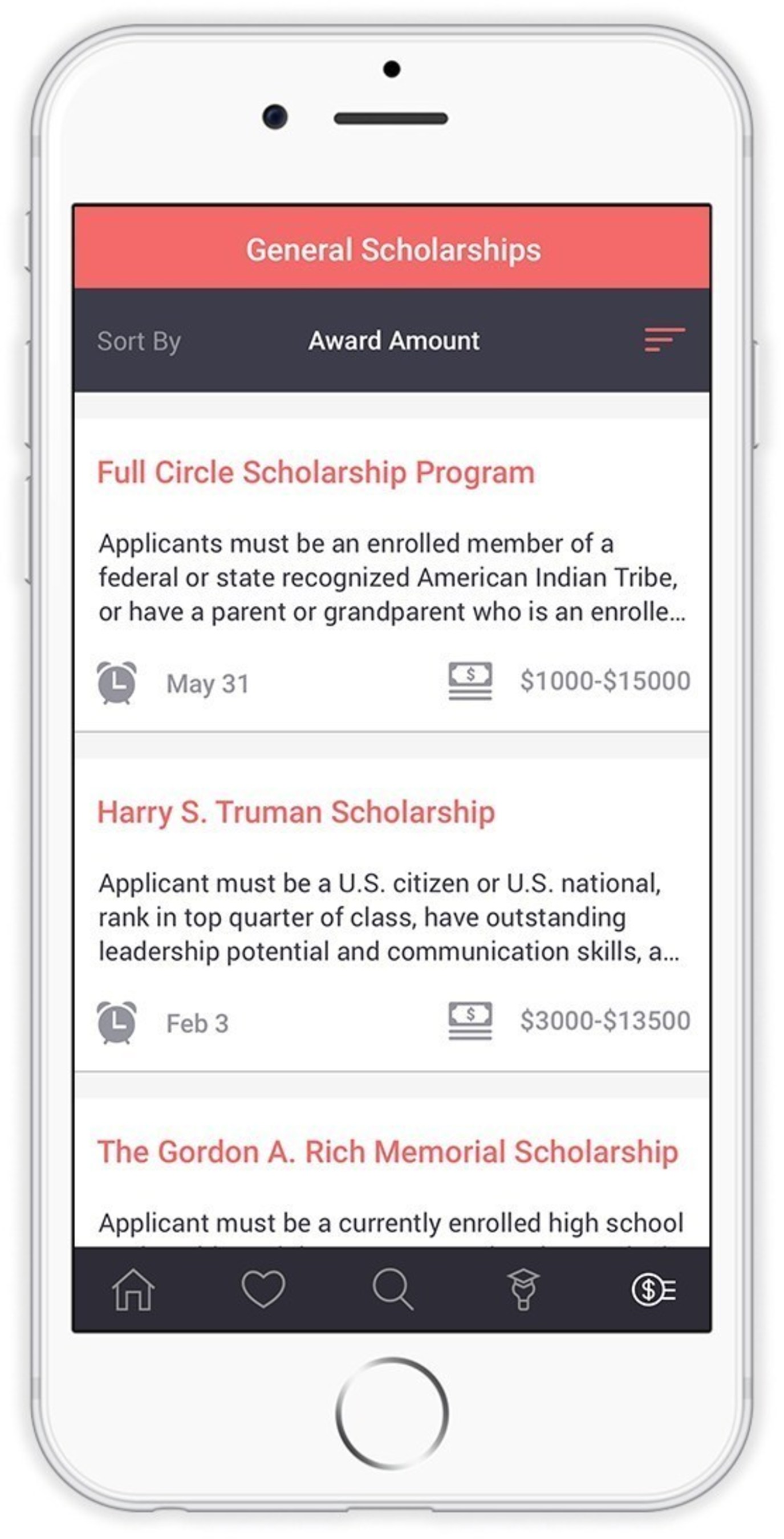 Schoold's scholarship feature displays relevant scholarships that can be sorted by amount or deadline.