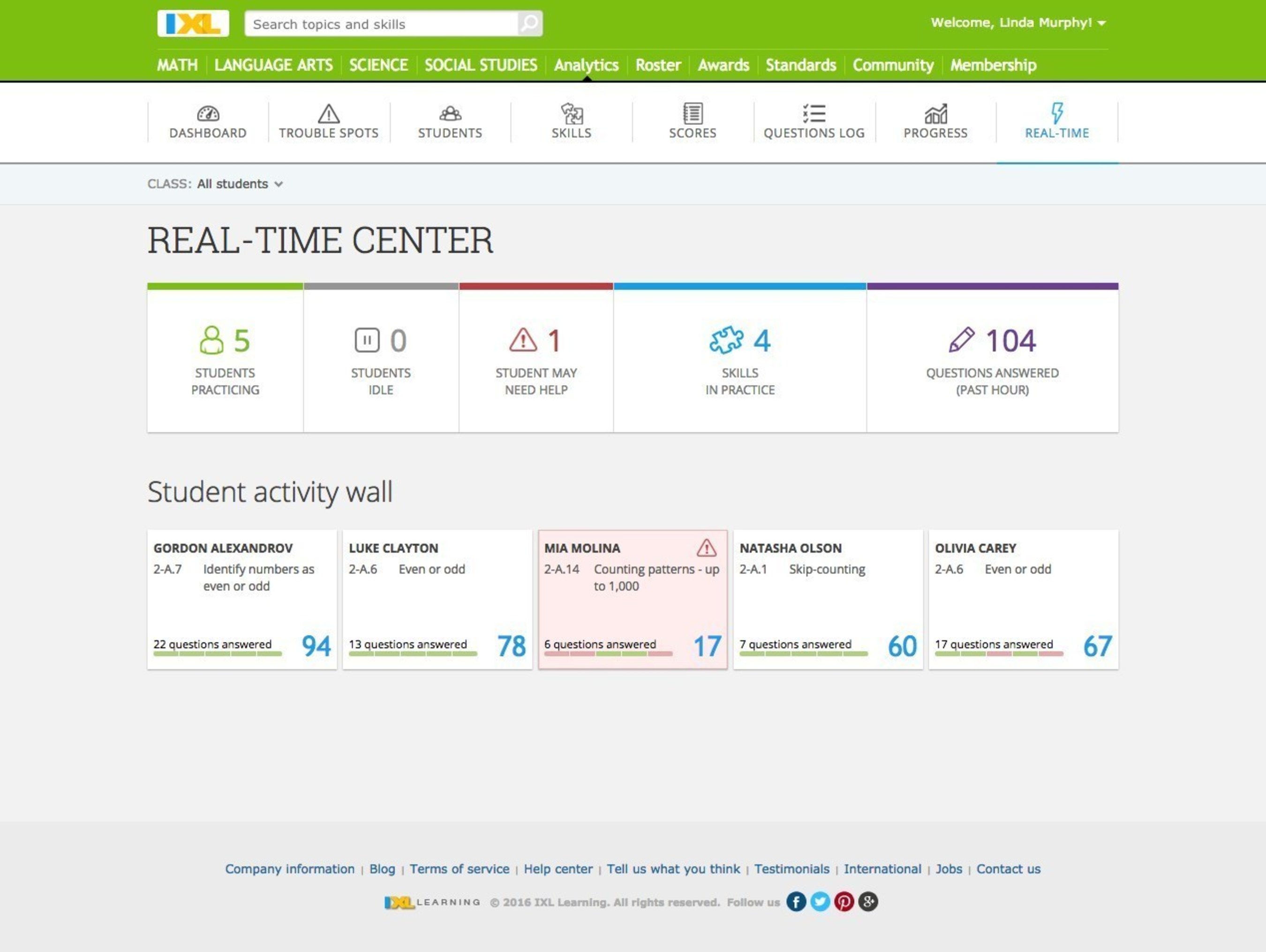 The Real-Time Center in IXL Analytics lets teachers monitor which students are practicing and when.