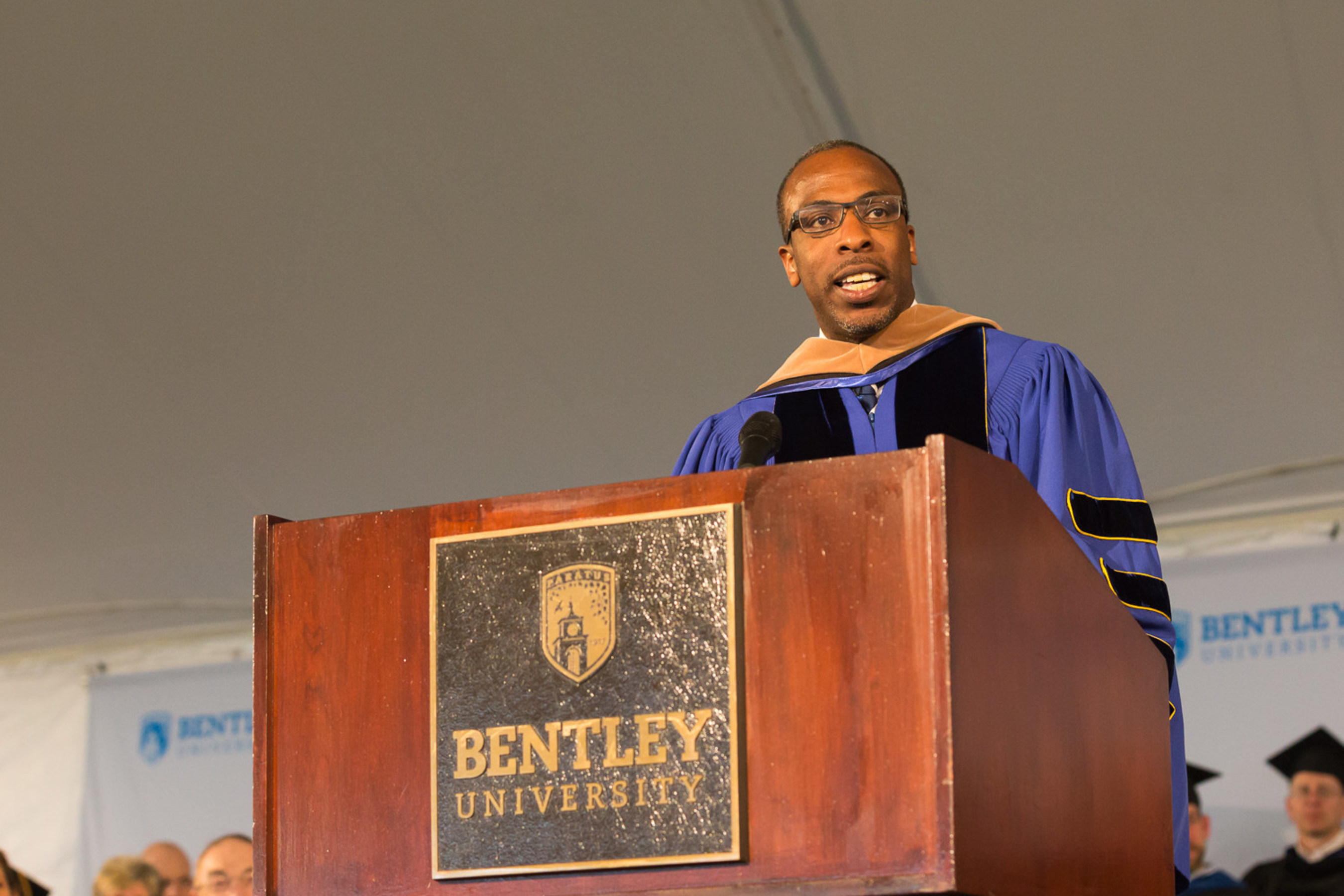 Corey Thomas, president and CEO of Rapid7 security software firm, delivered the keynote address at the Bentley University Graduate School of Business 41st commencement ceremony.