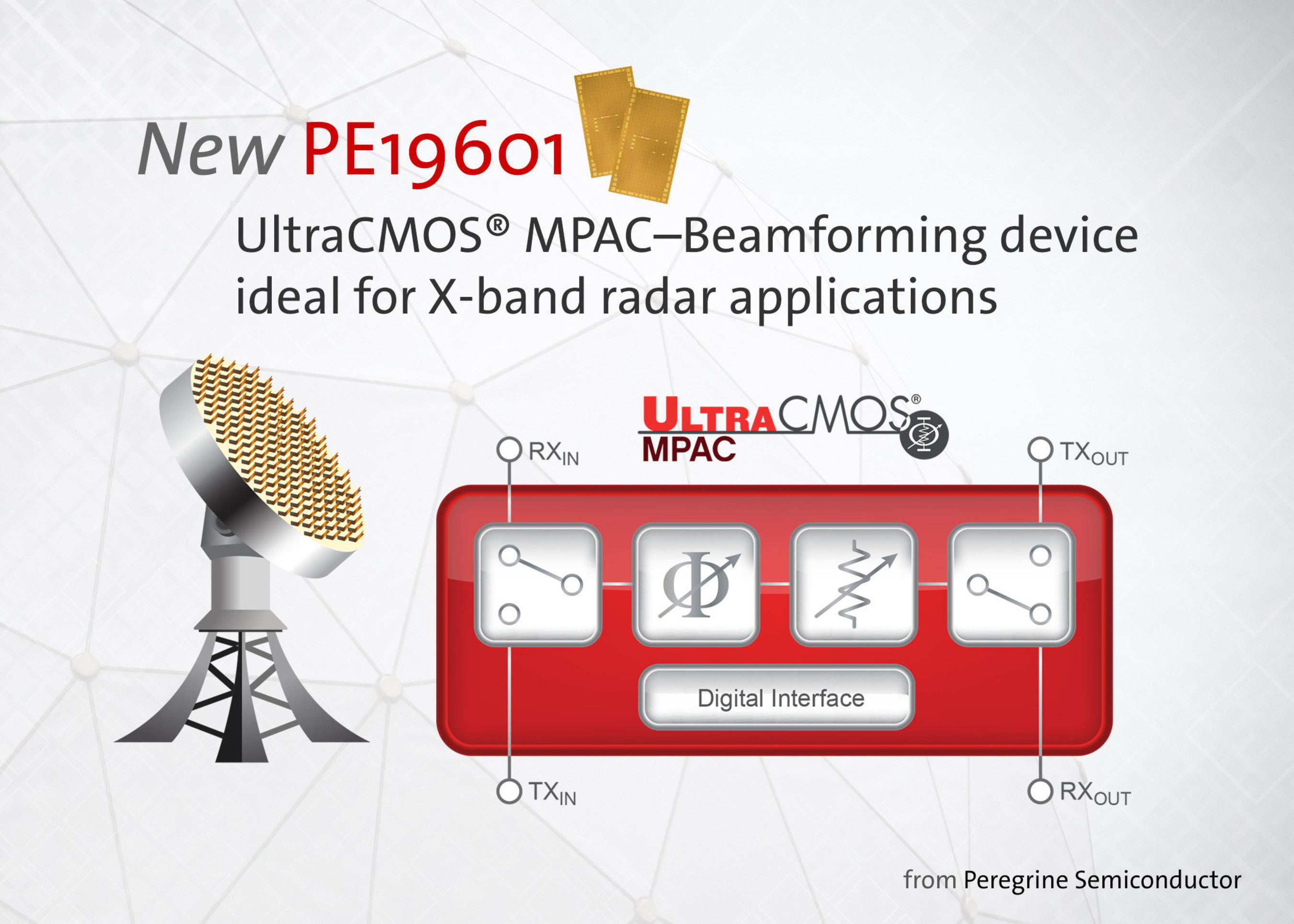 Peregrine Semiconductor broadens their MPAC product family to support high frequency beamforming applications. The UltraCMOS(R) PE19601 MPAC-Beamforming device is ideal for X-band radar.