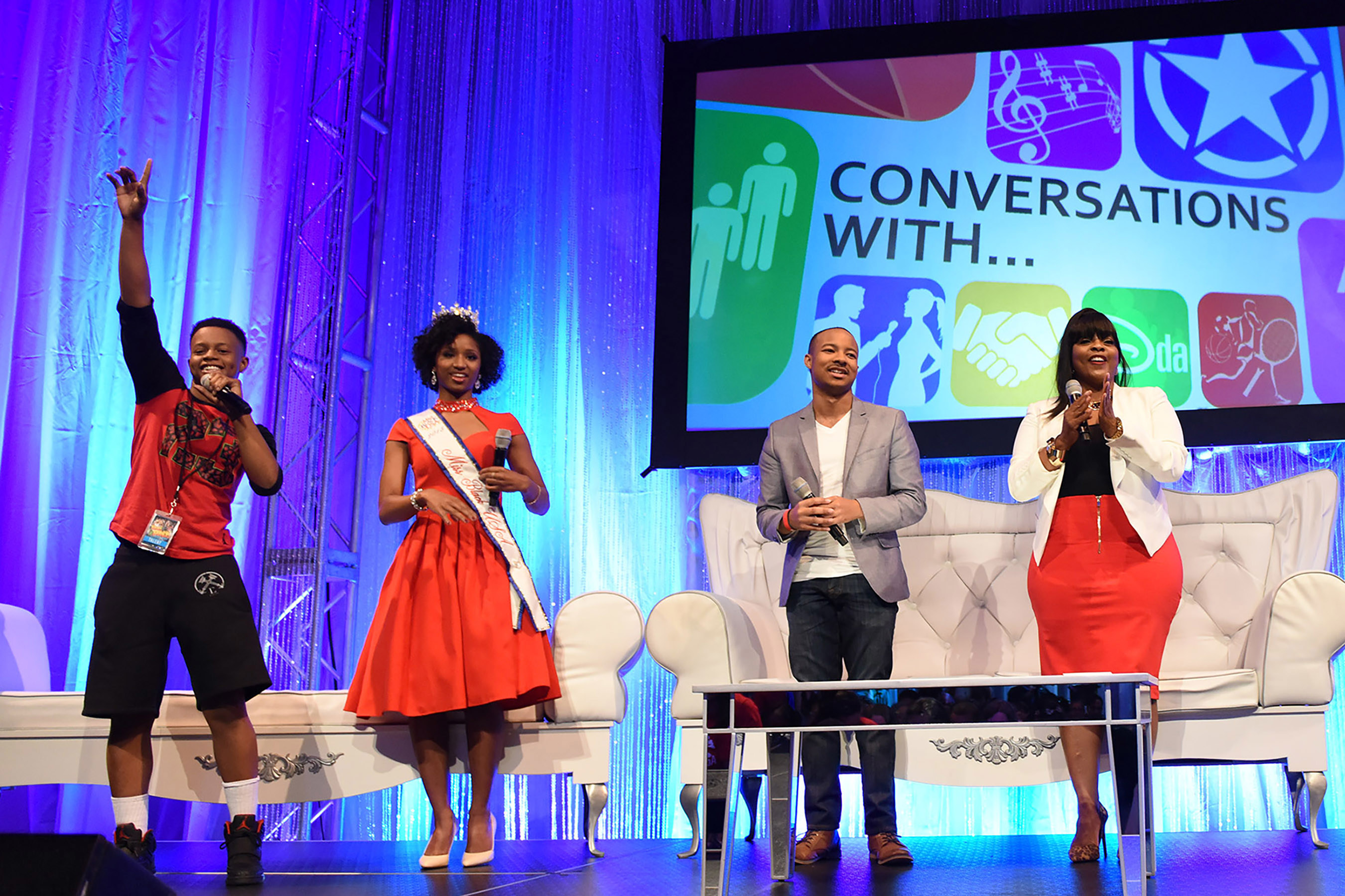 Celebrity Panel at Disney Dreamers Academy L-R: Singer and rapper Silento, Miss Black USA 2015 Madison Gibbs, entrepreneur and motivational speaker Jaylen Bledsoe, and actress Brely Evans participate in a panel discussion March 5, 2016 during Disney's Dreamers Academy with Steve Harvey and Essence Magazine at Epcot in Lake Buena Vista, Fla. The ninth annual event, taking place March 3-6, 2016, is a career-inspiration program for distinguished high school students from across the U.S. (Todd Anderson...