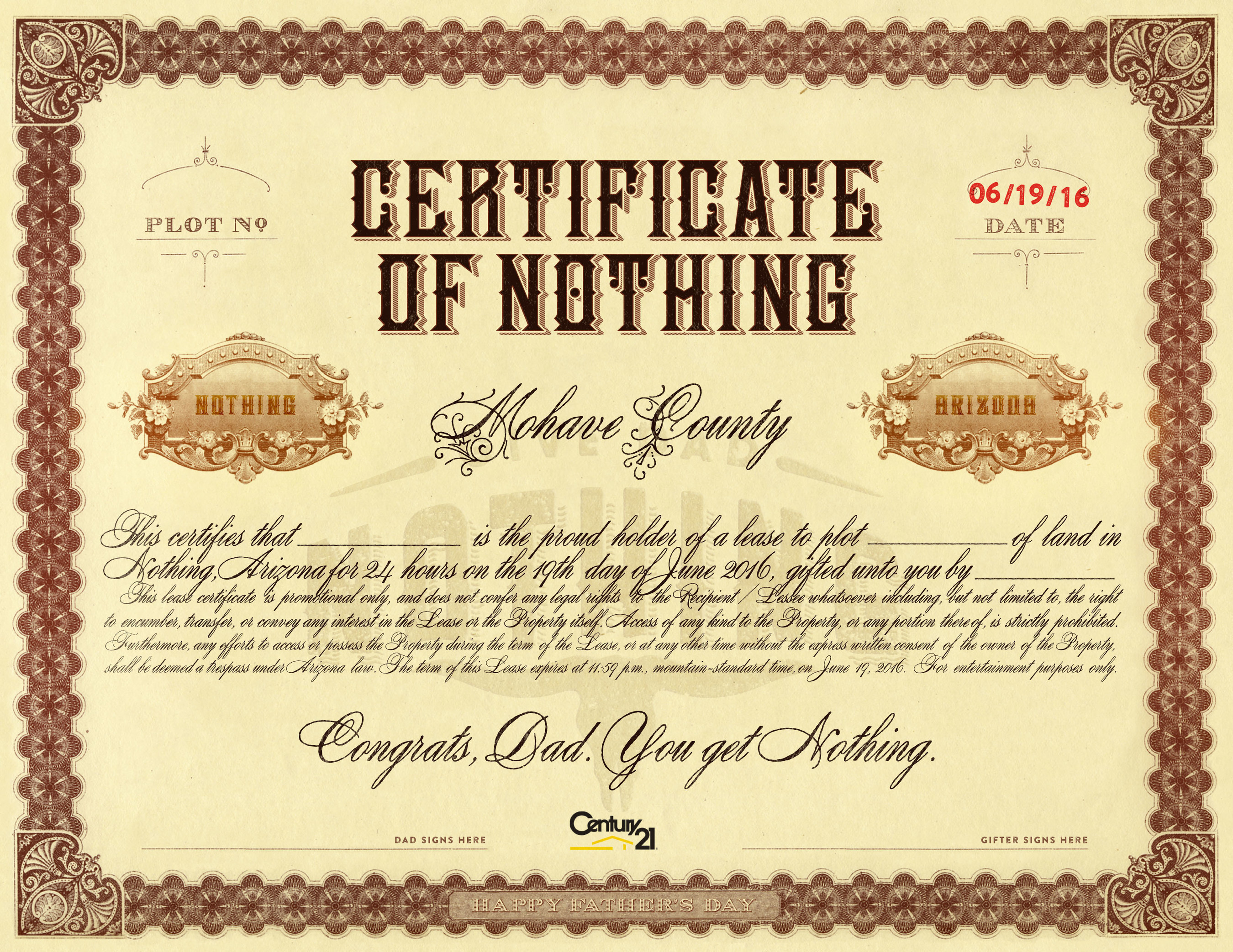 Give Dad Nothing Lease Certificate