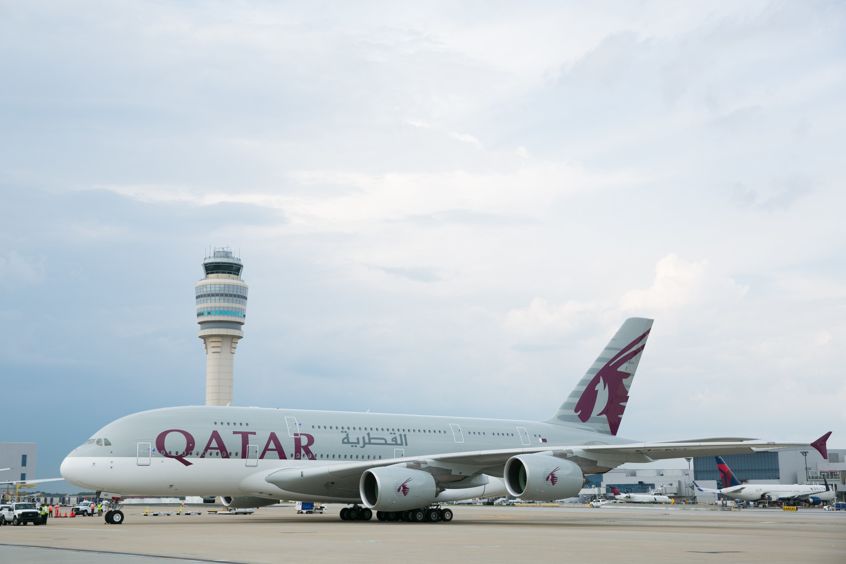 Qatar Airways A380 inaugural flight #756 taxis to pick up new Atlanta passengers bound for Doha and 41 countries beyond