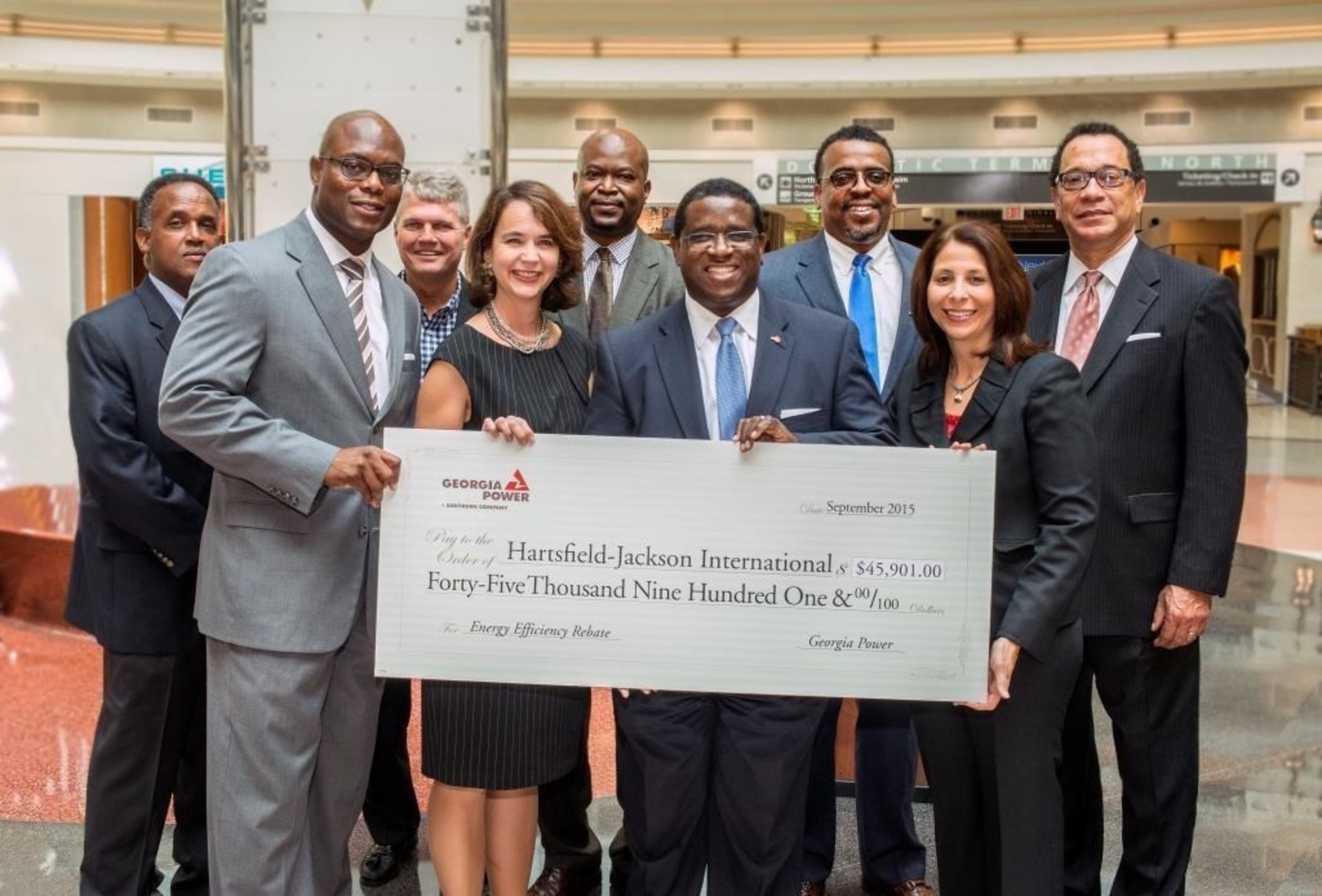 Hartsfield-Jackson Atlanta International Airport, the world's busiest airport, is working to be one of the most sustainable airports in the world through initiatives including upgrading thousands of its taxiway fixtures to energy-efficient LEDs. Georgia Power presented the airport with a nearly $46,000 rebate check in September 2015.