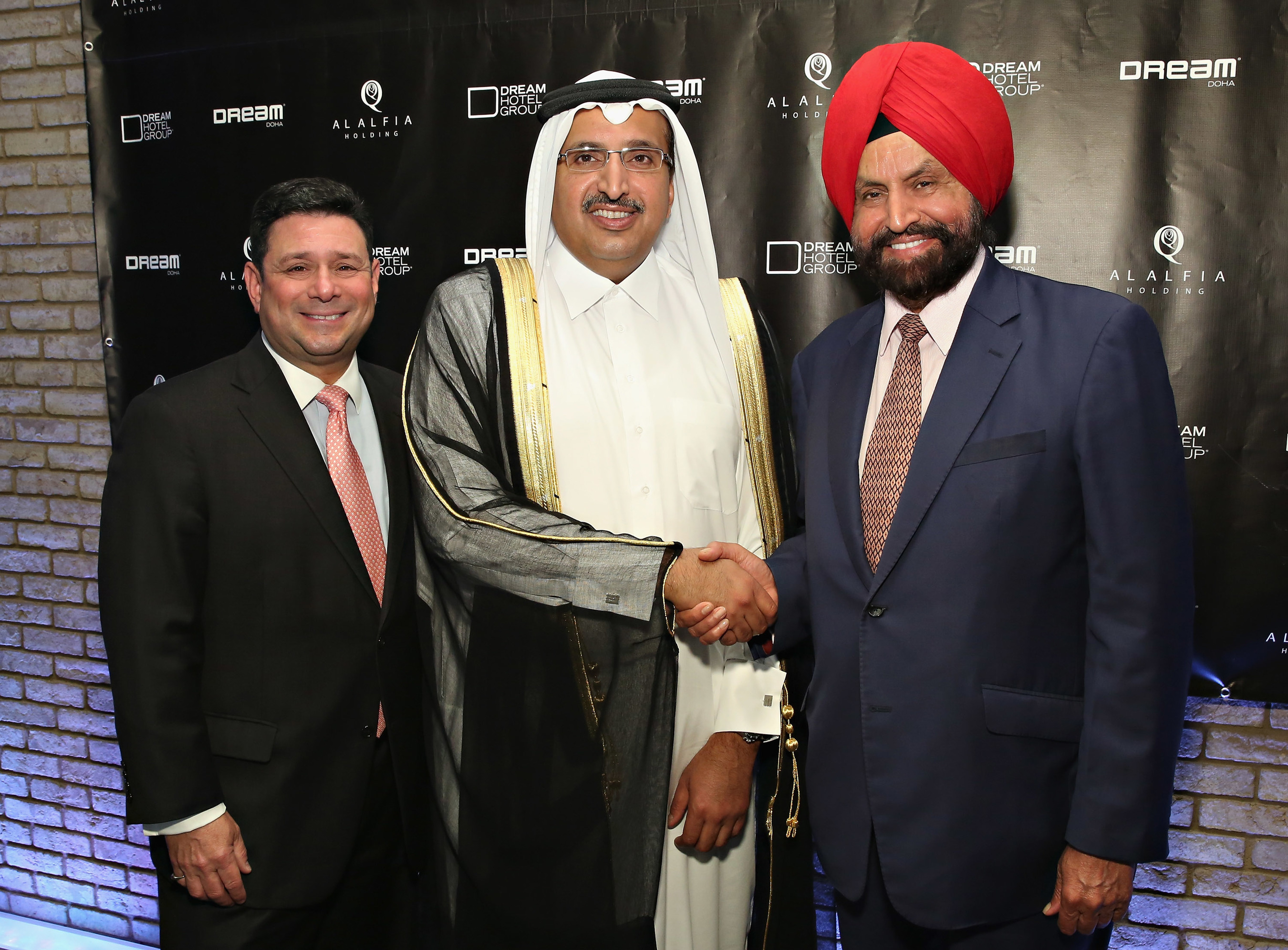 Dream Doha signing ceremony at Dream Downtown New York, L-R: Jay Stein, CEO, Dream Hotel Group; Sheikh Sultan, Al Alfia Holding; Sant Singh Chatwal, Chairman, Dream Hotel Group.