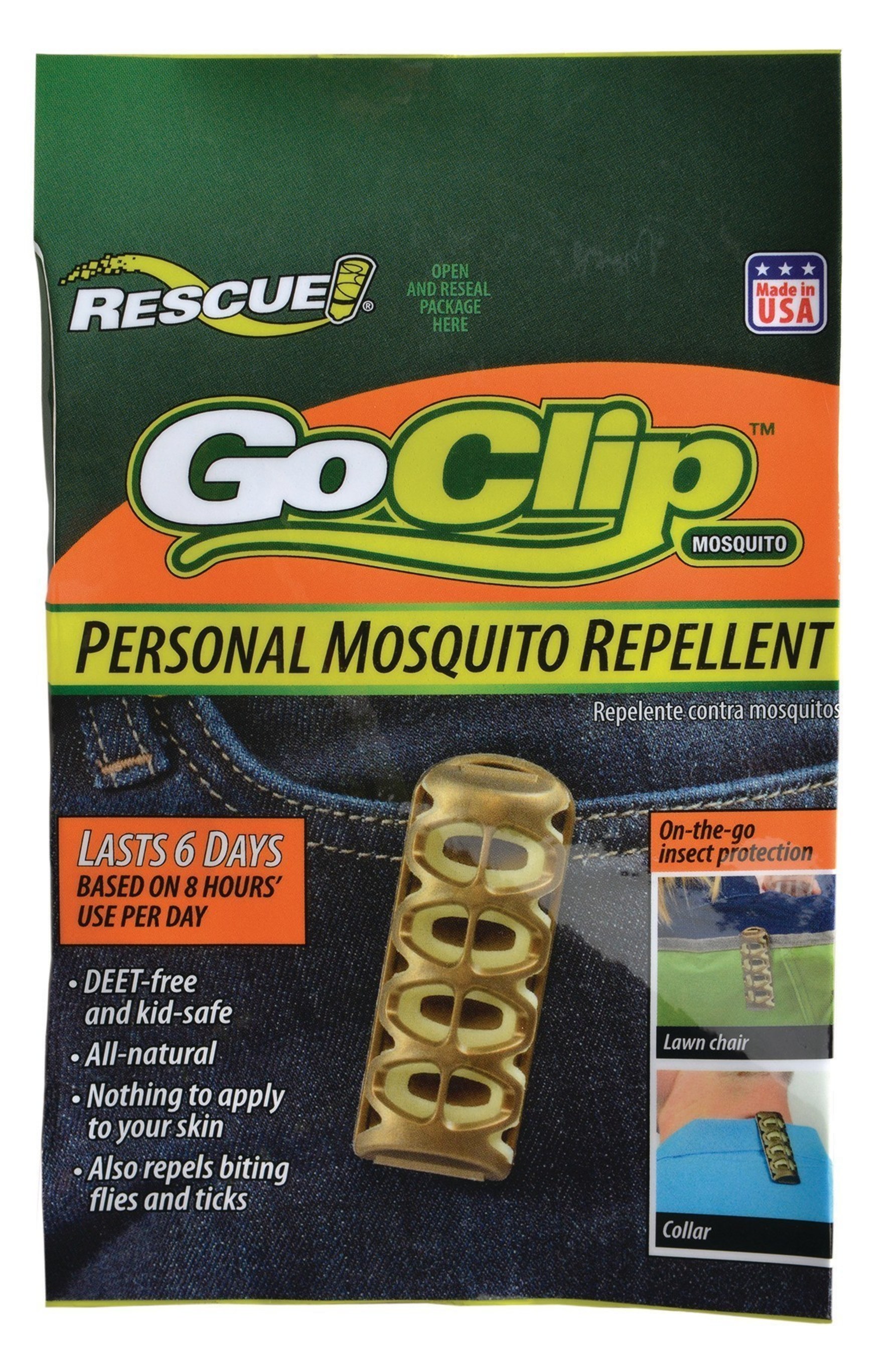The GoClip(TM) repellency against mosquitoes, biting flies and ticks will last a total of 48 hours -- or 6 days, based on 8 hours' use per day. When not in use, the resealable zippered package helps it maintain potency.