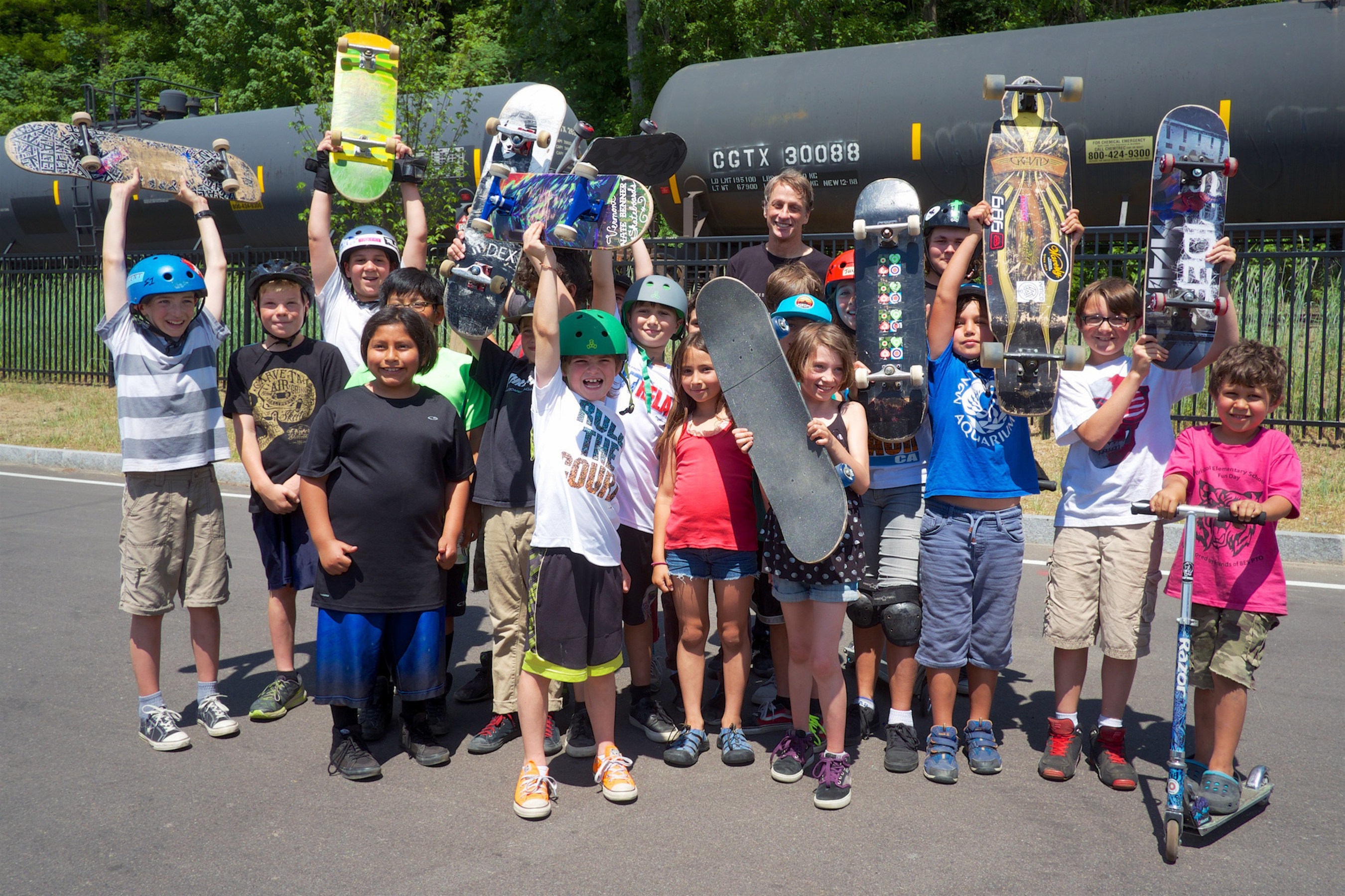 Tony Hawk celebrates Burlington, Vermont's A-Dog Skatepark with a group of locals. Photo: Jody Morris