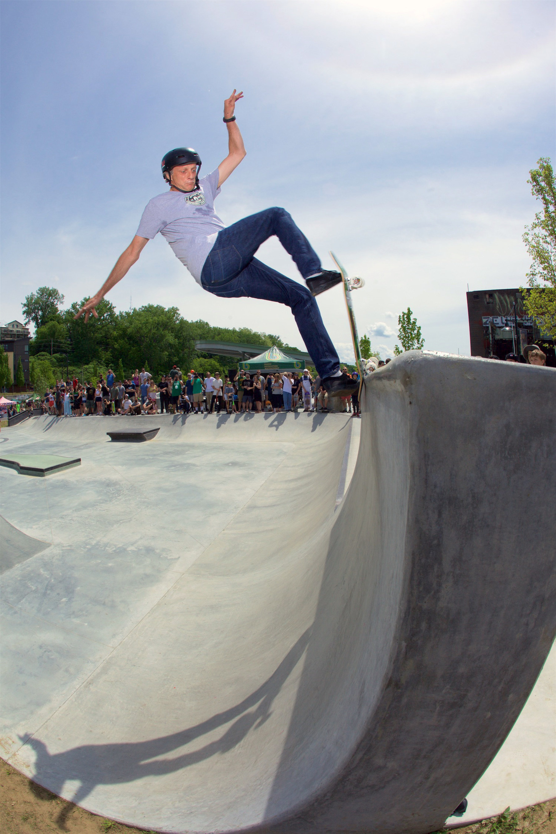 Tony Hawk joined the session at the A-Dog Skatepark in Burlington, Vermont on June 4. The project received a grant from the Tony Hawk Foundation in 2010. Photo: Jody Morris