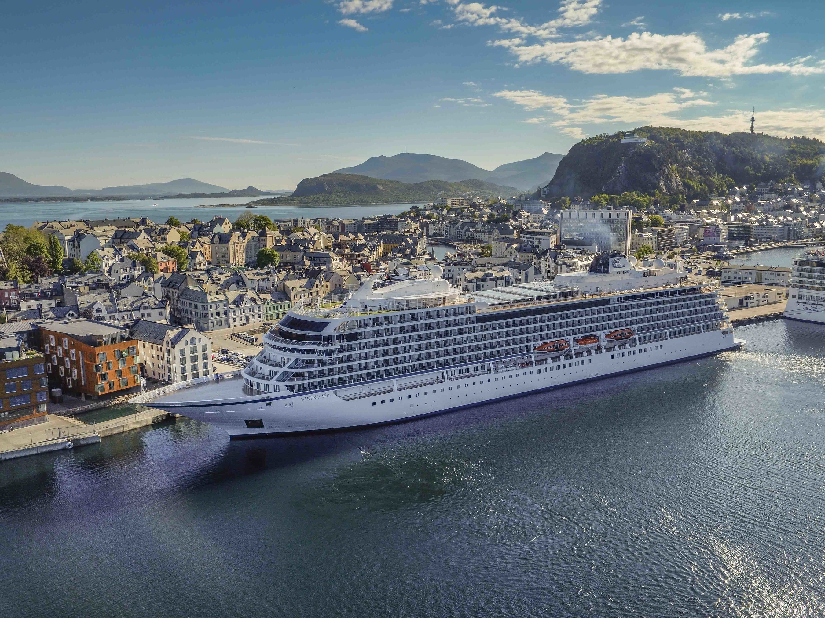 The new 930-passenger Viking Sea, docked in Alesund, Norway on the first sailing of Viking's new "Into the Midnight Sun" itinerary that cruises between London and Bergen, Norway.