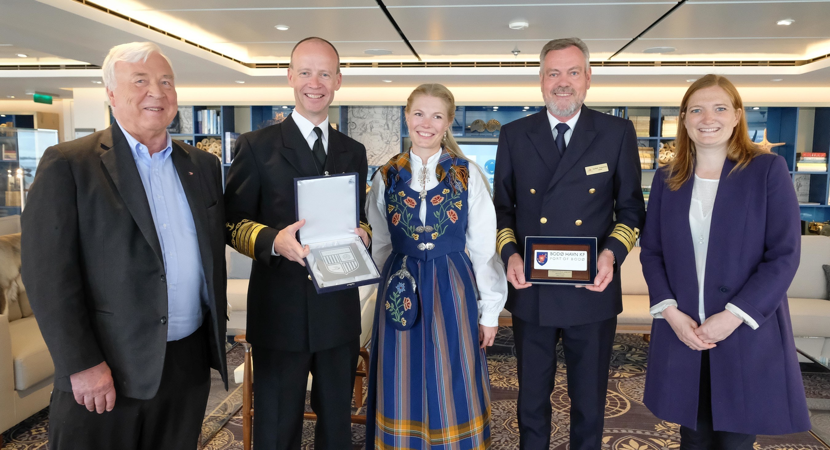 Viking Cruises founder and chairman, Torstein Hagen, celebrates arrival of the company's new ship, Viking Sea, in five new Norwegian ports with commemorative plaque ceremonies attended by local officials. Pictured (left to right): Viking Cruises founder and chairman Torstein Hagen, Bodo Port Director Ingvar Mathisen, Visit Bodo's Solveig Caroline Henriksen, Viking Cruises Captain Gulleik Svalastog and Bodo Mayor Ms. Ida Maria Pinnerod.