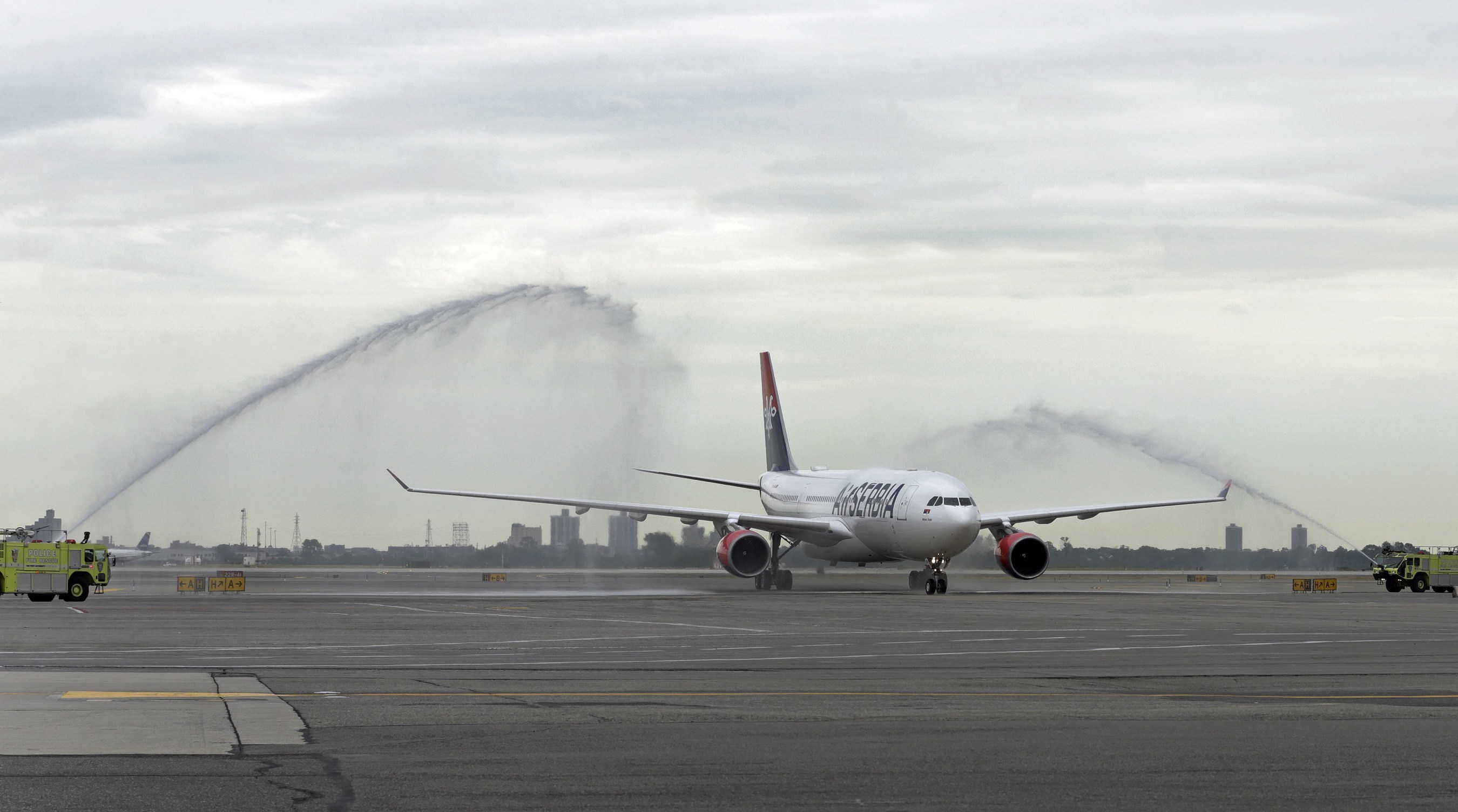 Air Serbia's inaugural service from Belgrade to New York, flight JU 500, is welcomed to JFK International Airport with a water-cannon salute.