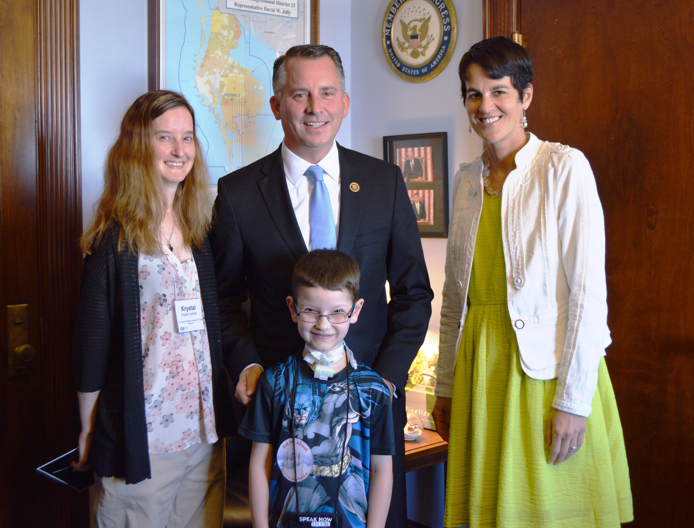 Six-year-old Lakota Lockhart, a patient at St. Joseph's Children's Hospital in Tampa, Krystal Lockhart and Keri Eisenbeis, director of Government Relations for BayCare Health System, meet with Congressman David Jolly on Capitol Hill June 22, 2016, to discuss health care legislation for medically complex children.