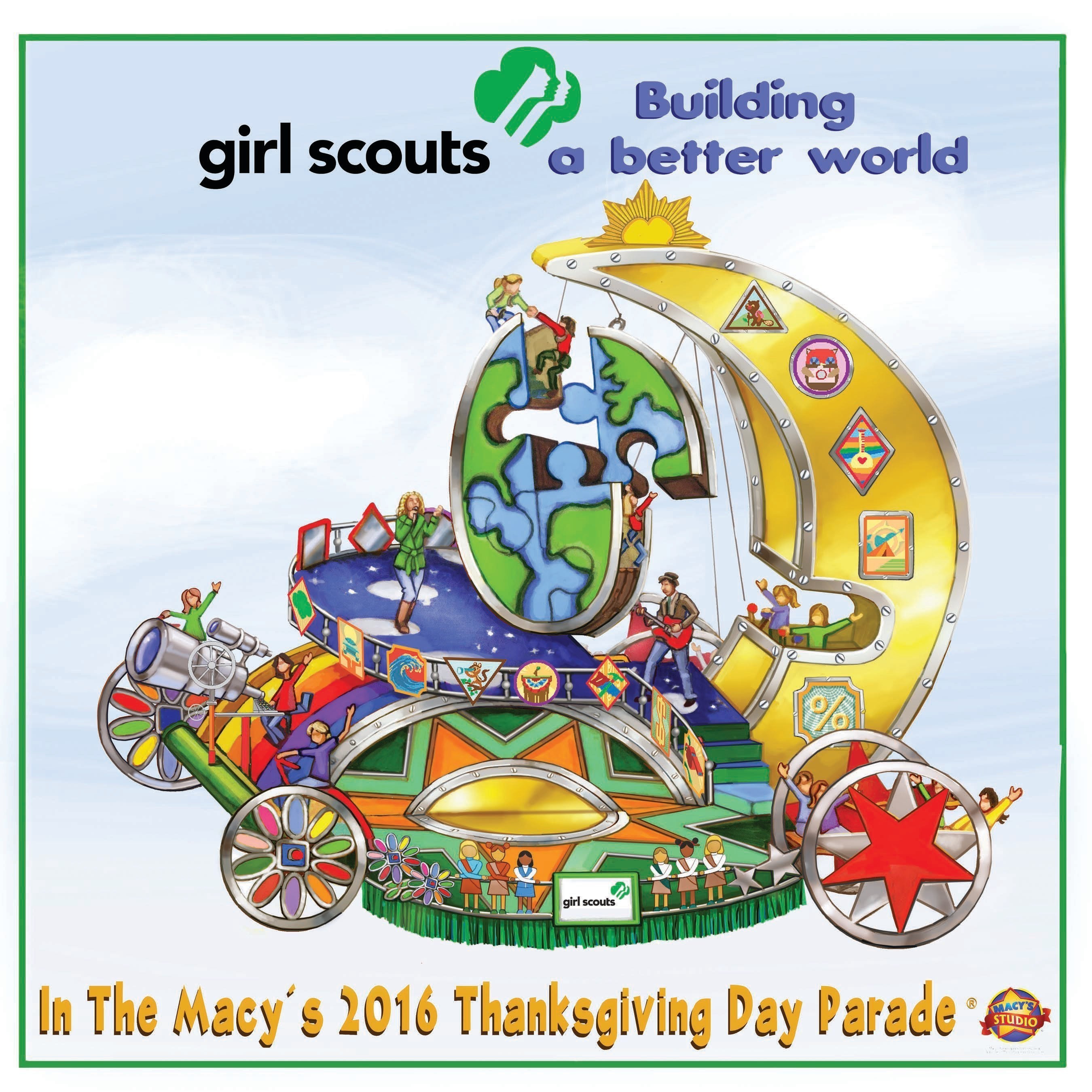 To spotlight how Girl Scouts are "building a better world," the float concept showcases girls climbing and belaying on giant 3-D puzzle pieces of the globe, while others are steering mechanics to help connect the pieces and propel the world forward.
