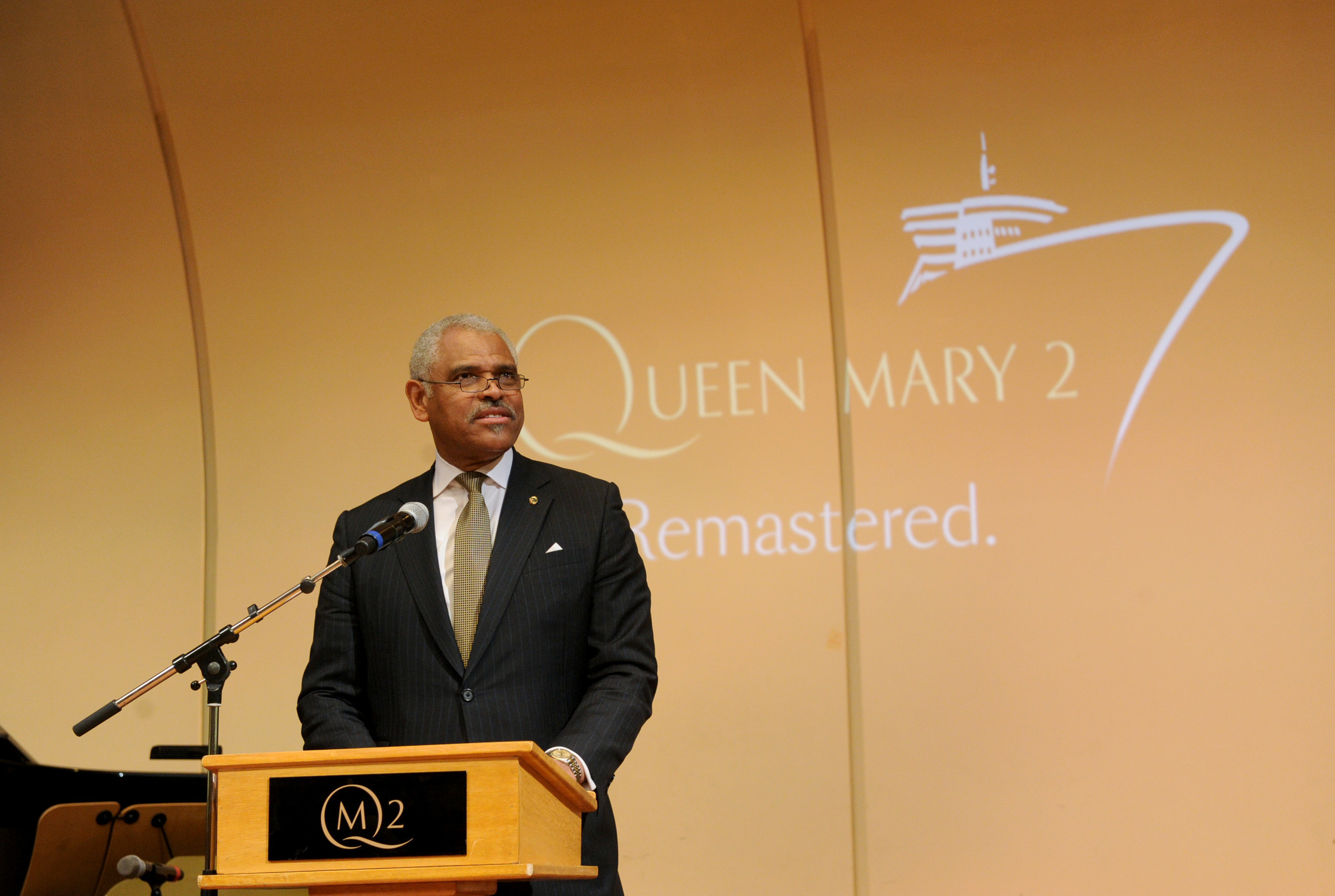 Arnold Donald, CEO, Carnival Corporation, the parent company of Cunard, speaks about the remastered Queen Mary 2, Wednesday, July 6, 2016, at Brooklyn Cruise Terminal in New York, its U.S. homeport. (Diane Bondareff/AP Images for Cunard)