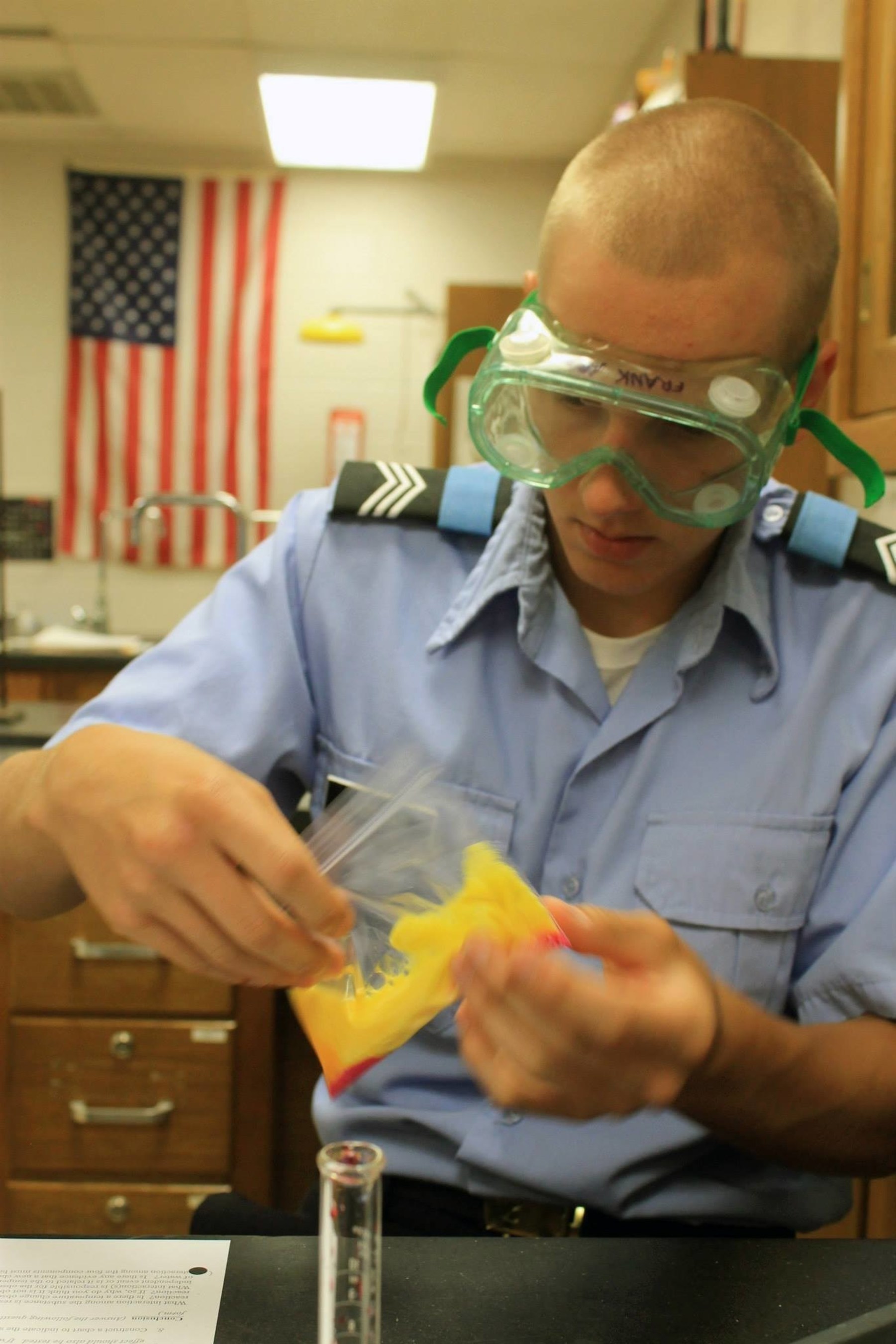 A St. John's Military School cadet engages in hands-on learning in Mrs. Pam Kraus' science class. "I do everything I can to make each lecture relatable," said Kraus. "If we're talking about molecules, I let the cadets build models using gumballs, marshmallows, and toothpicks. There is always a way to make a concept relevant, and it truly makes a difference in their comprehension."