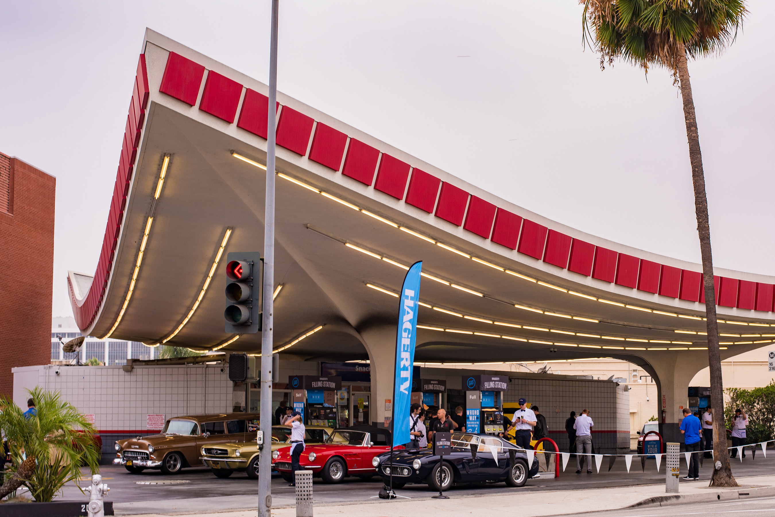 Hagerty vintage gas station event celebrating National Collector Car Appreciation Day at the iconic 76 Gas Station in Beverly Hills, CA.