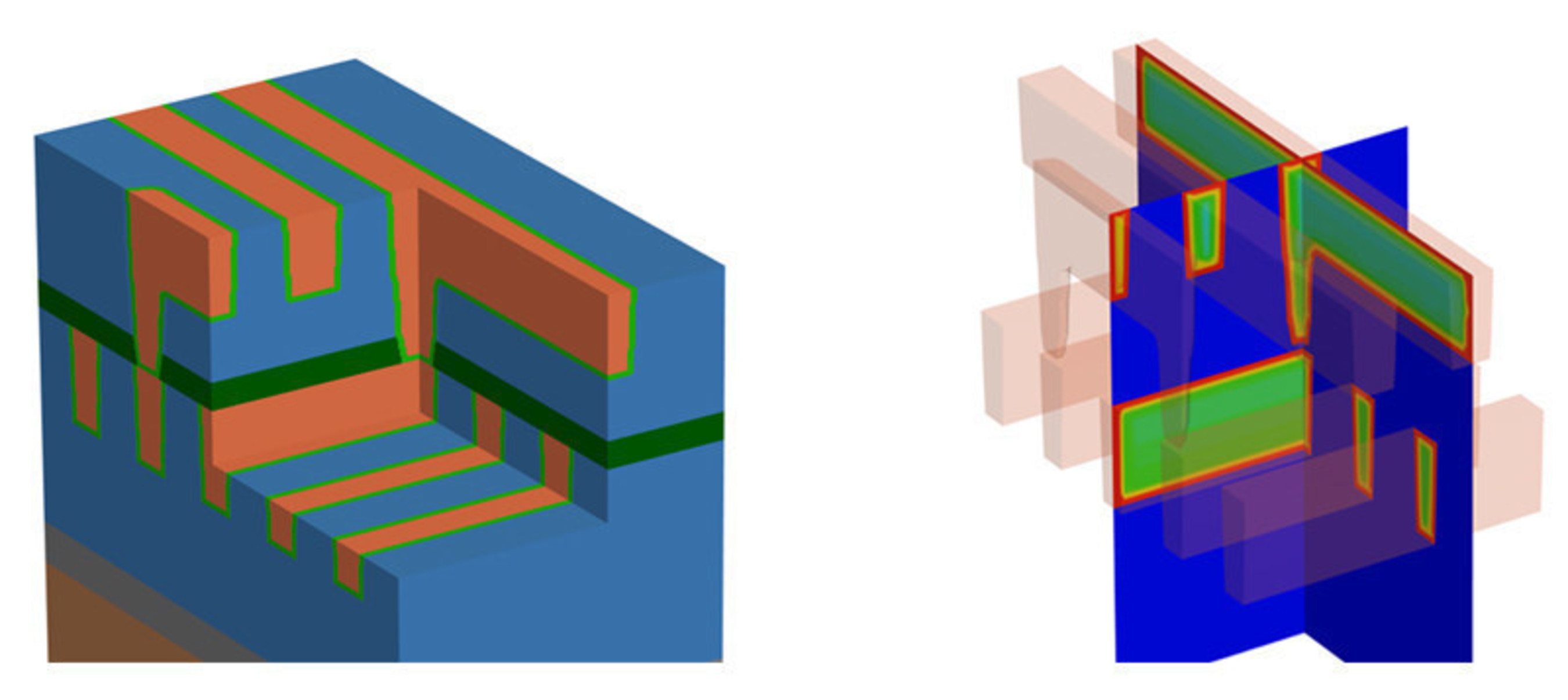 Image: 3D model of a multilayer interconnect stack (a) after process emulations using the Synopsys Sentaurus(TM) Process Explorer and 3D local resistivity profile (b) within wires and vias