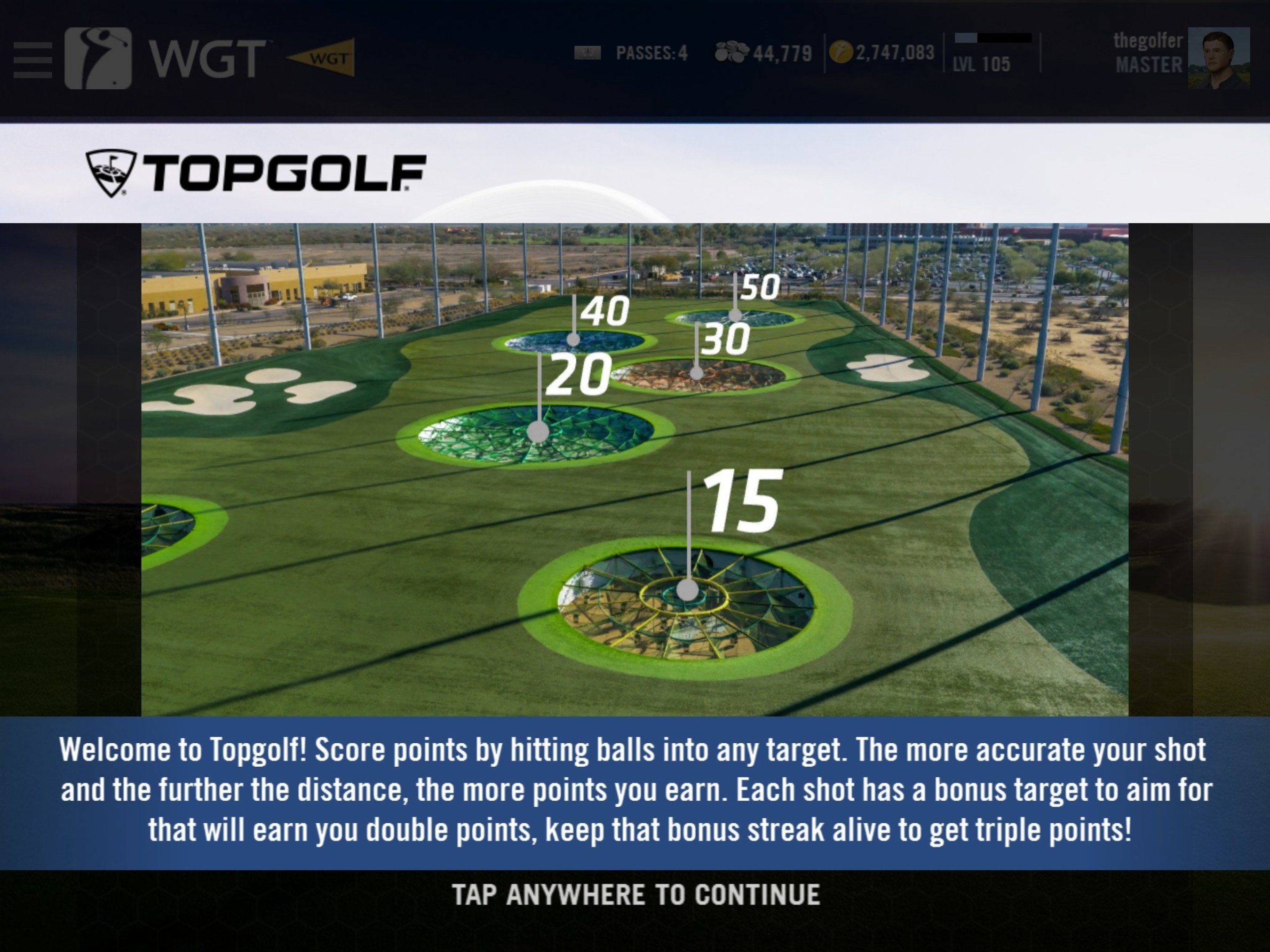Topgolf game in WGT Golf app