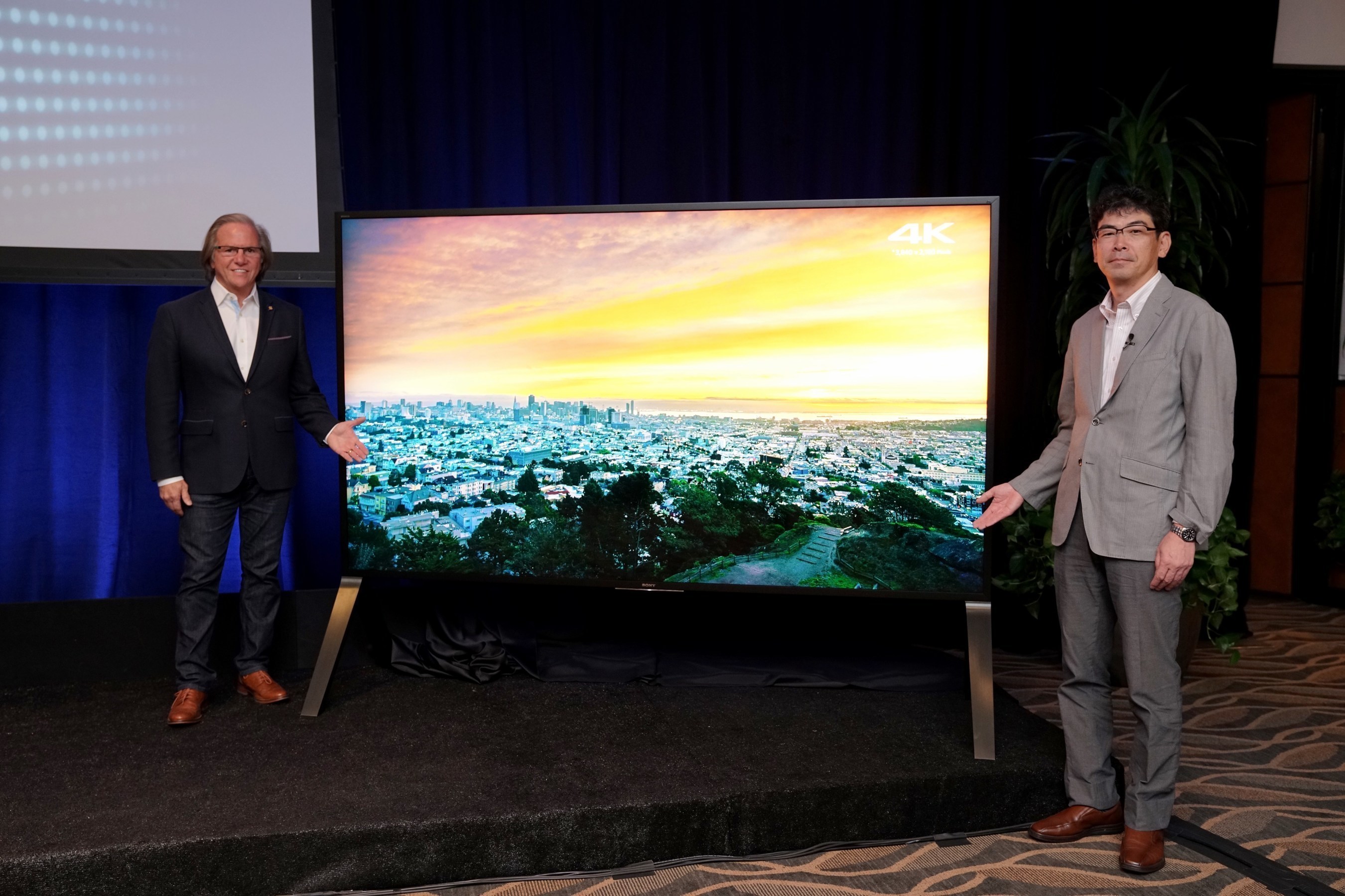 Mike Fasulo, President & COO, Sony Electronics USA and Kazuo Kii, Director & Deputy President, Sony Visual Products, stand with the new Z series TV announced today at an event at Sony Pictures Studios in Culver City, CA.