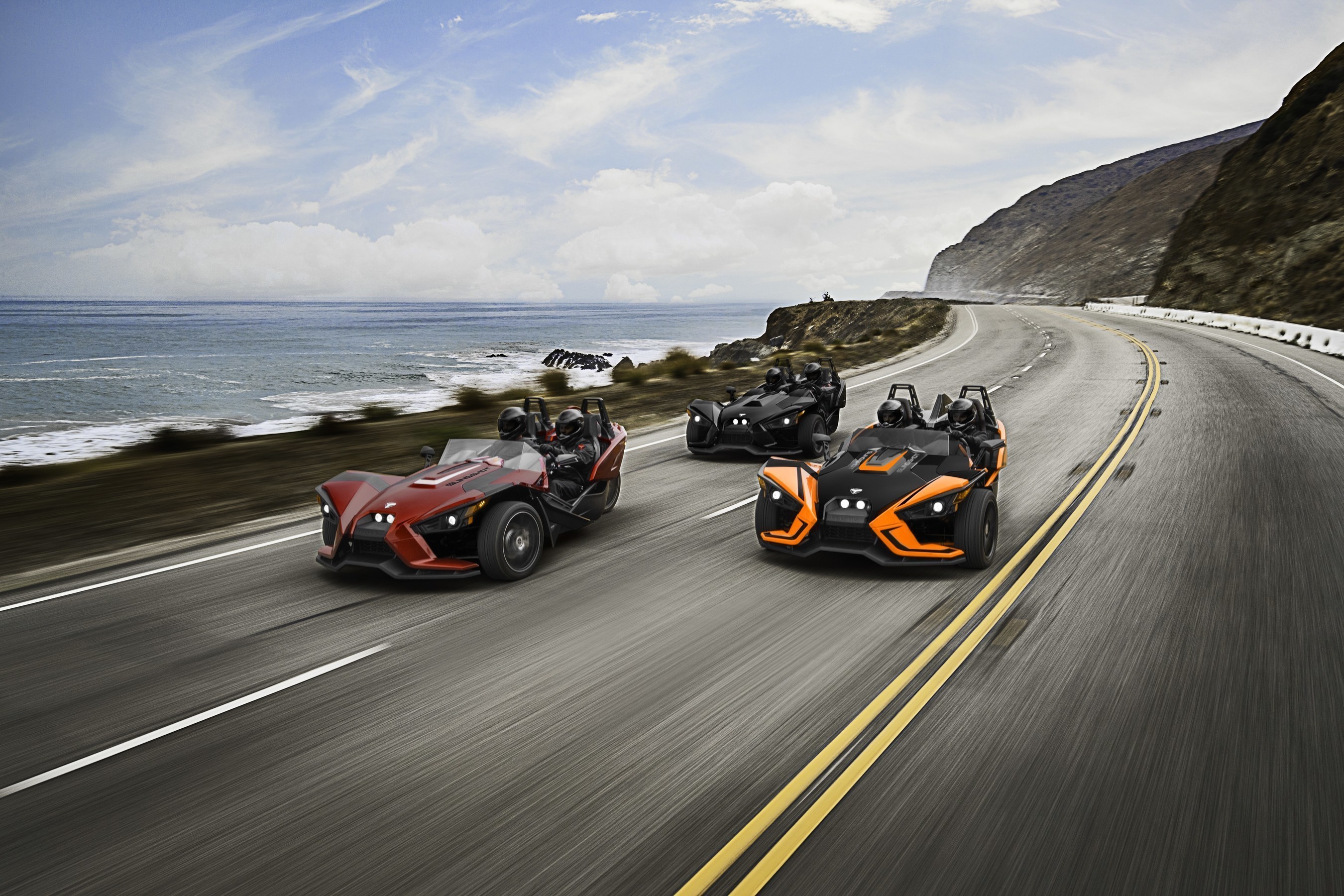 The 2017 Polaris Slingshot SL model features a clear Ripper Series wind deflector, new accent hood graphics, cut-and-sew seats and a premium Rockford Fosgate speaker system, in addition to the currently available standard SL features. The Slingshot SLR builds on the Slingshot's strong foundation with full-body graphics, premium forged-aluminum wheels, an interior LED lighting kit and more.