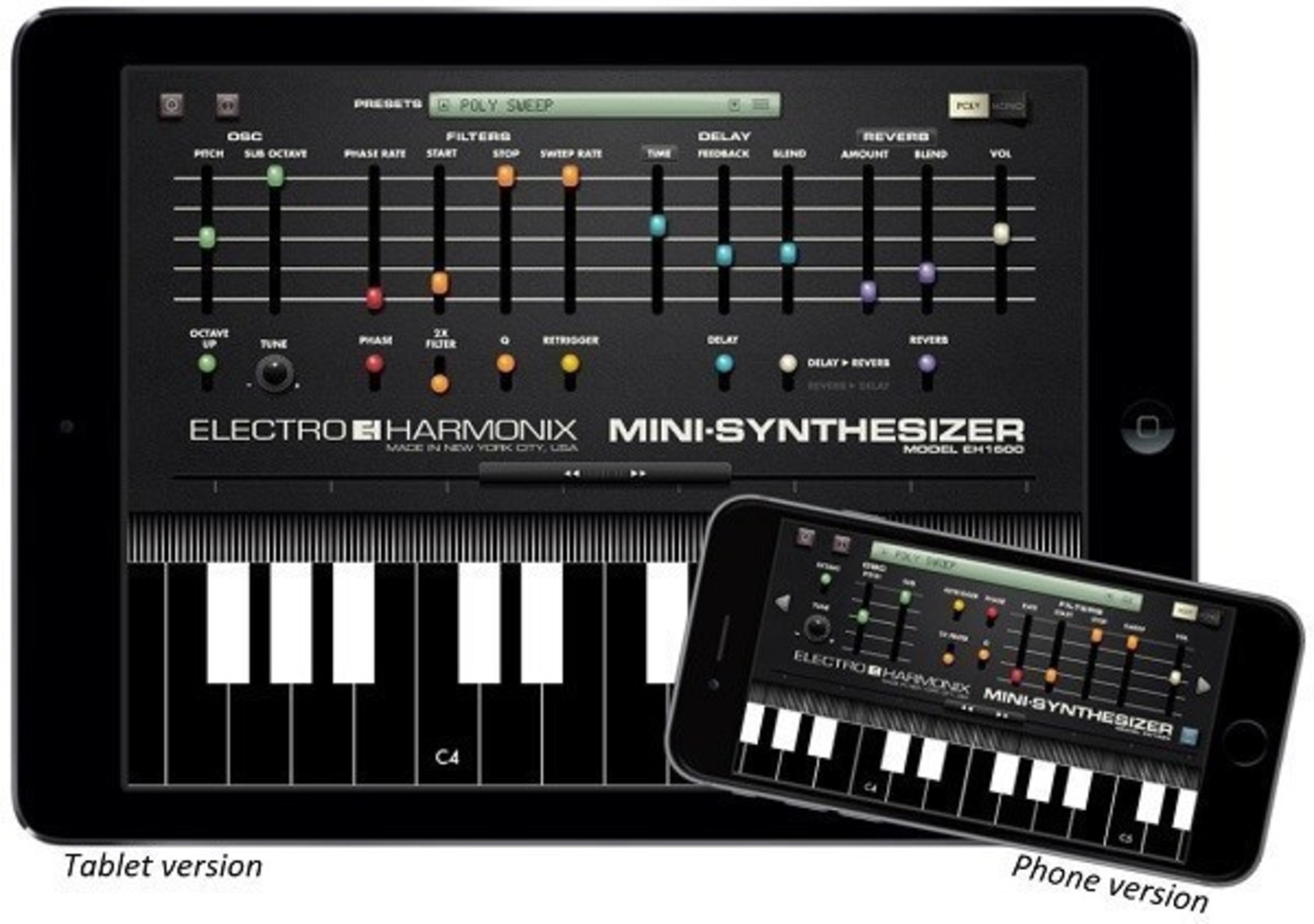 Electro-Harmonix Mini-Synthesizer App shown in iPad and iPhone versions