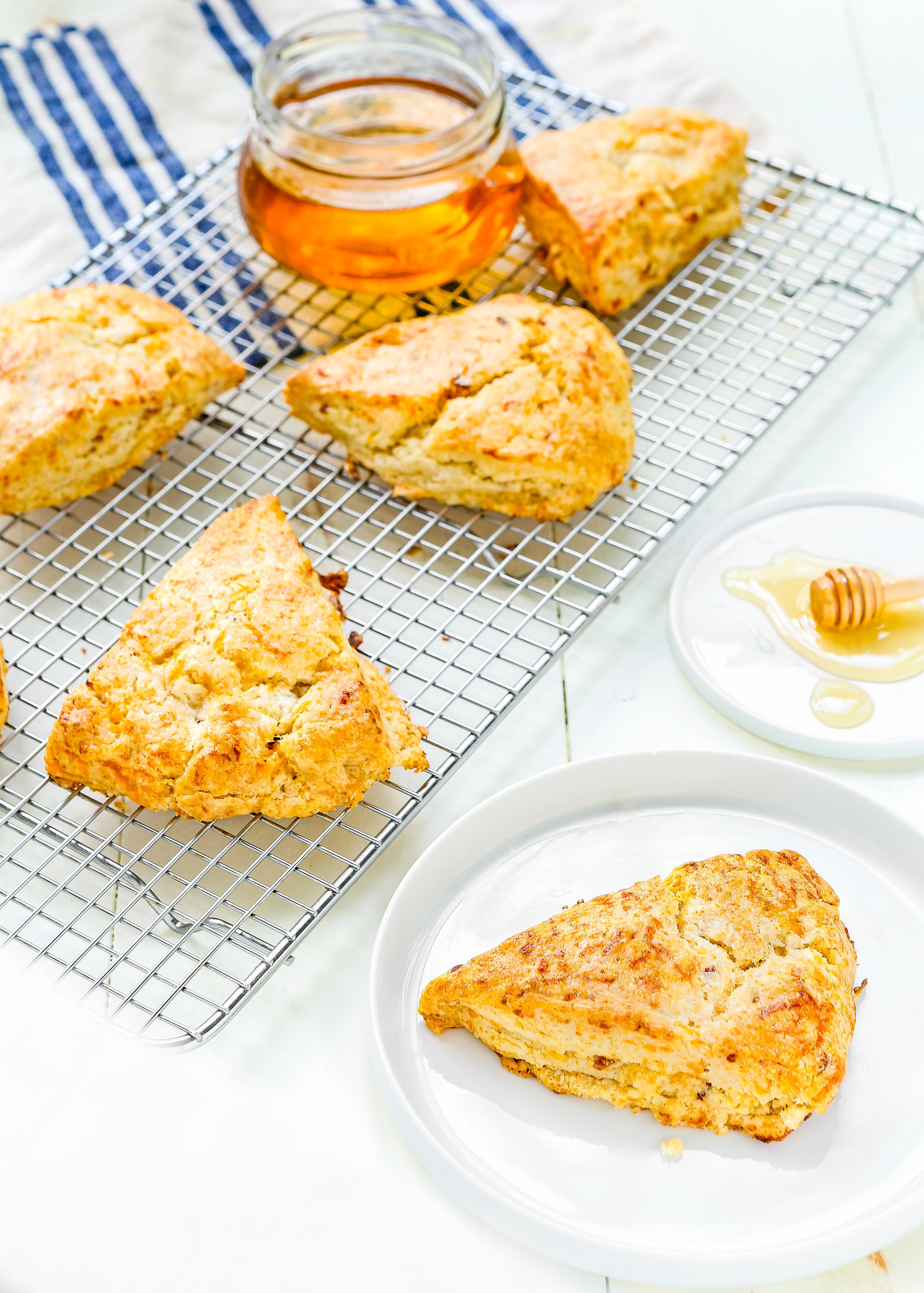 If you want a delicious sweet and savory baked treat for snack, these Honey Bacon-Cheddar scones fill the bill.  Courtesy: National Honey Board